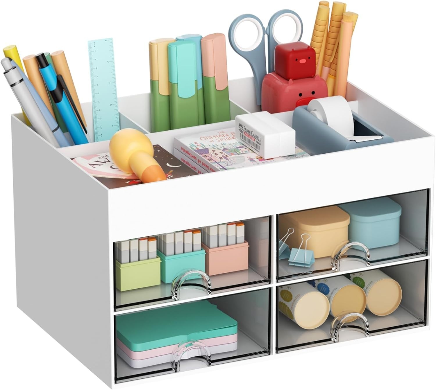 “Marbrasse Pen Organizer with 4 Drawer, Multi-Functional Pencil Holder for Desk,