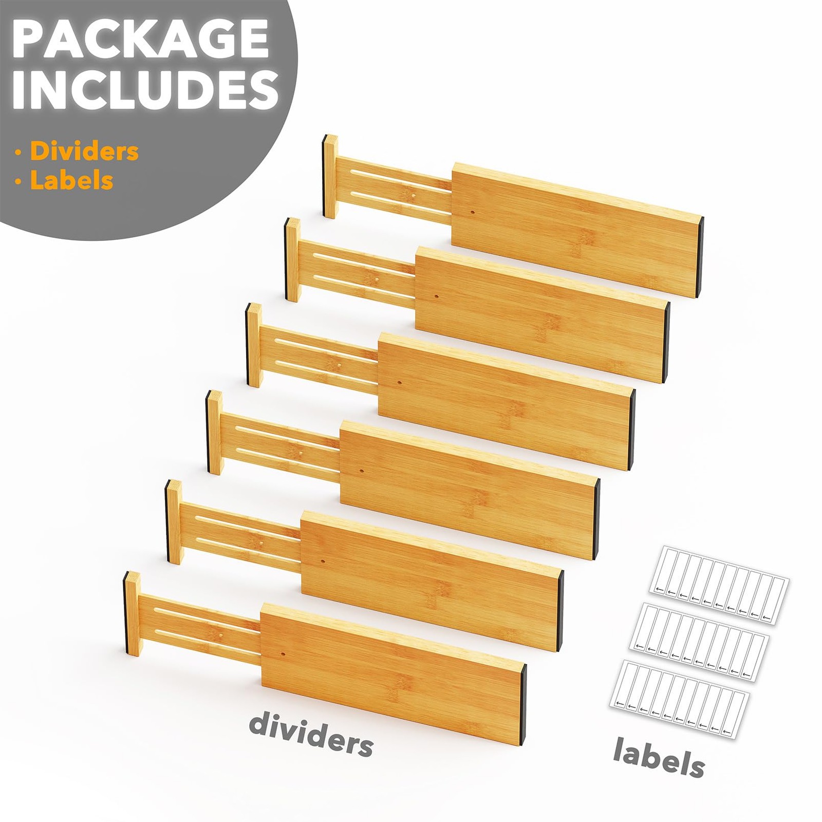 SpaceAid Bamboo Dresser Drawer Dividers 6 4.65”H, 12.5”-17”L, NATURAL