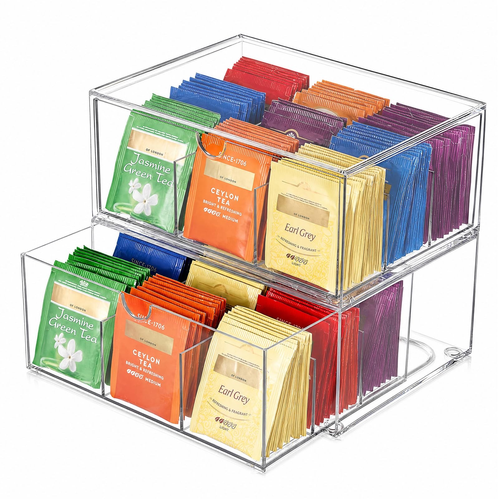 ELLDOO 2 Pack Tea Bag Organizer for Countertop, 9 9 Compartments, Clear