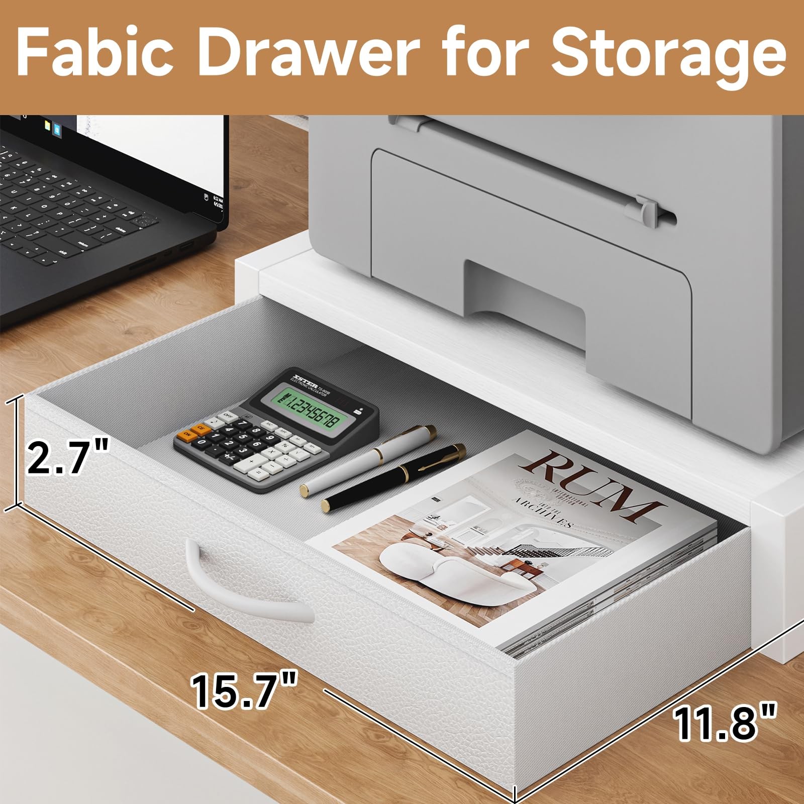 YAOHUOO 2-Tier Desktop Printer Stand with Fabric Drawer, Middle, White