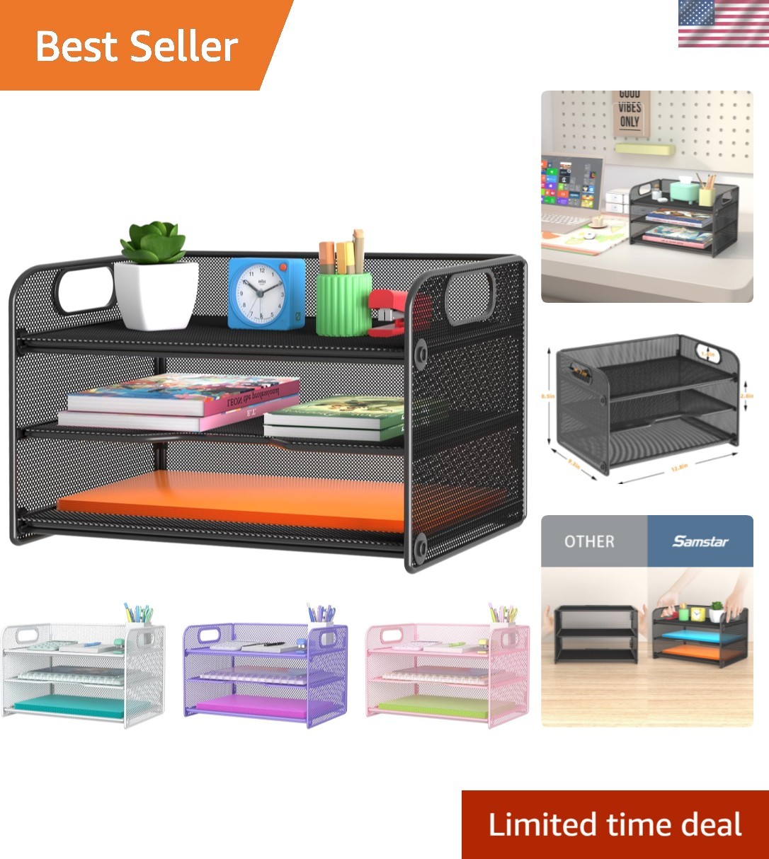 3 Tier Letter Tray Paper Organizer with Handle, Mesh Desk Organizer Paper Sor…