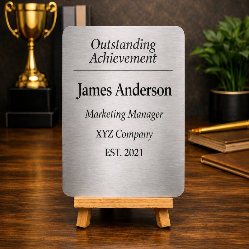 Personalize Stainless Steel Engraved Desk Name Plate with Wooden Stand Accessory