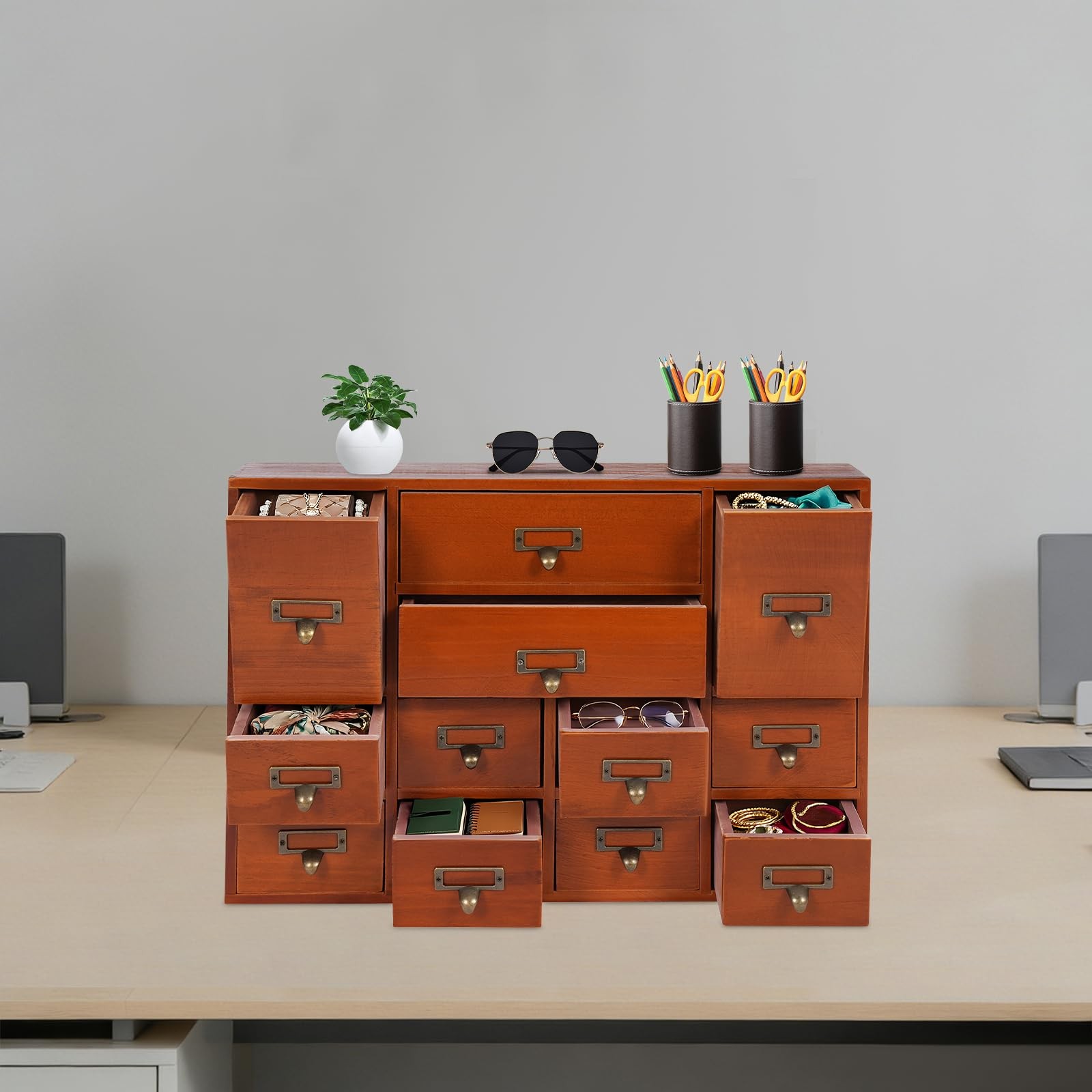 12 Drawer Storage Box Desktop Organizer 3 Size Office Cosmetics Jewelry Brown