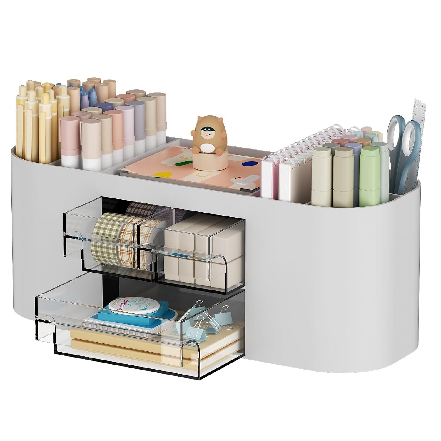 Grey Desk Organizer with 3 Drawers, Multi Function Pen Holder for Office Desk