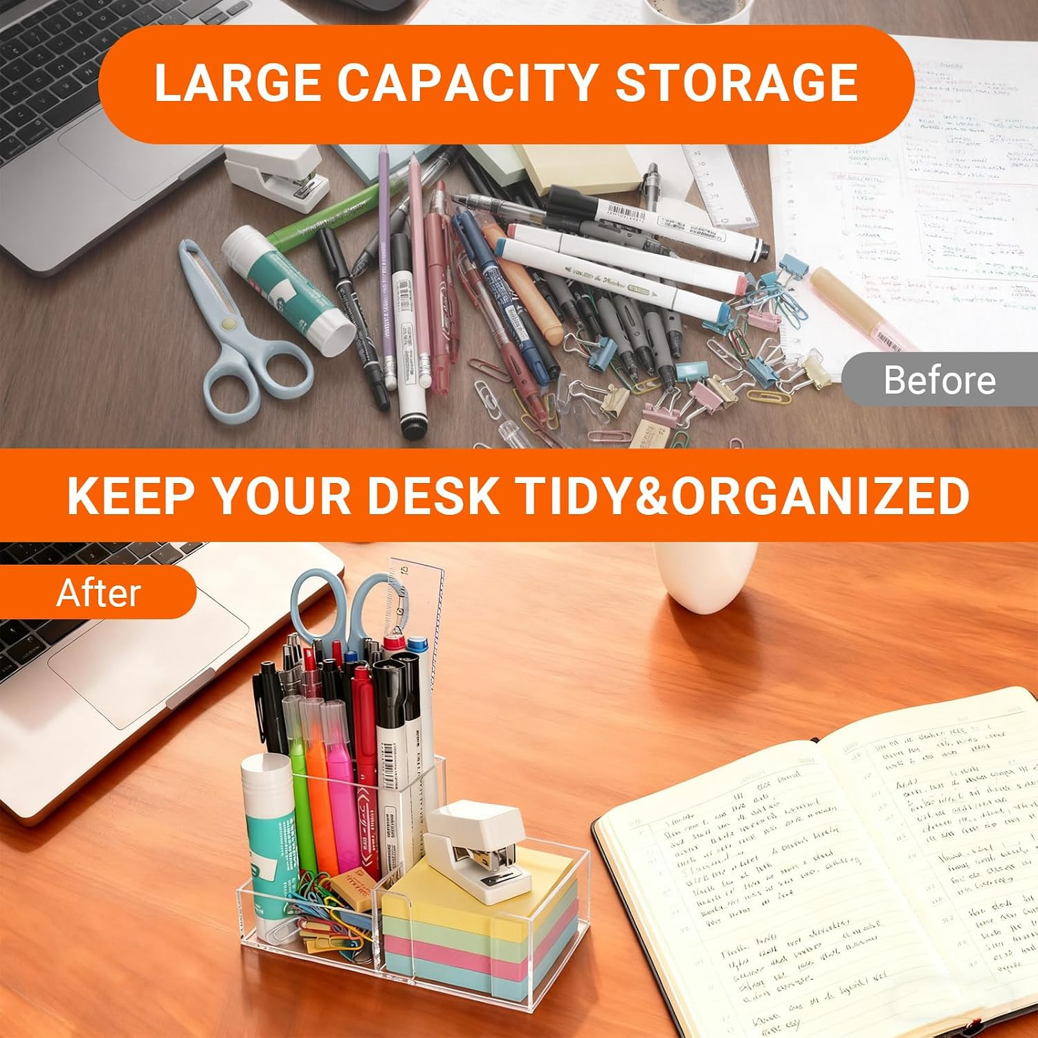 Pen Holder for Desk Clear Pencil Holder with Sticky Notes Holder Acrylic 3 Compa