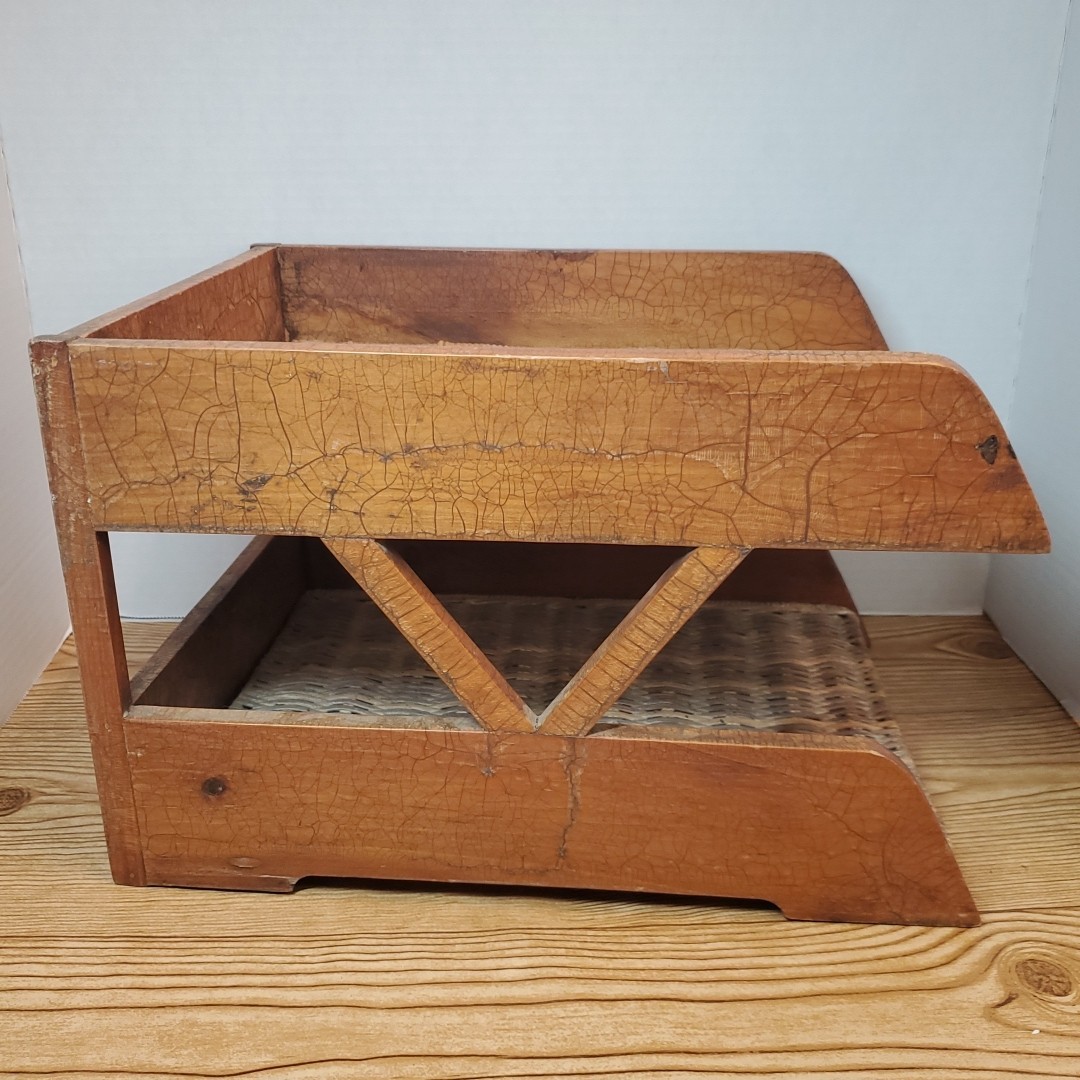 VTG 2 Tier Wood Rattan Wicker Paper Holder Letter Tray Office Desk Organizer