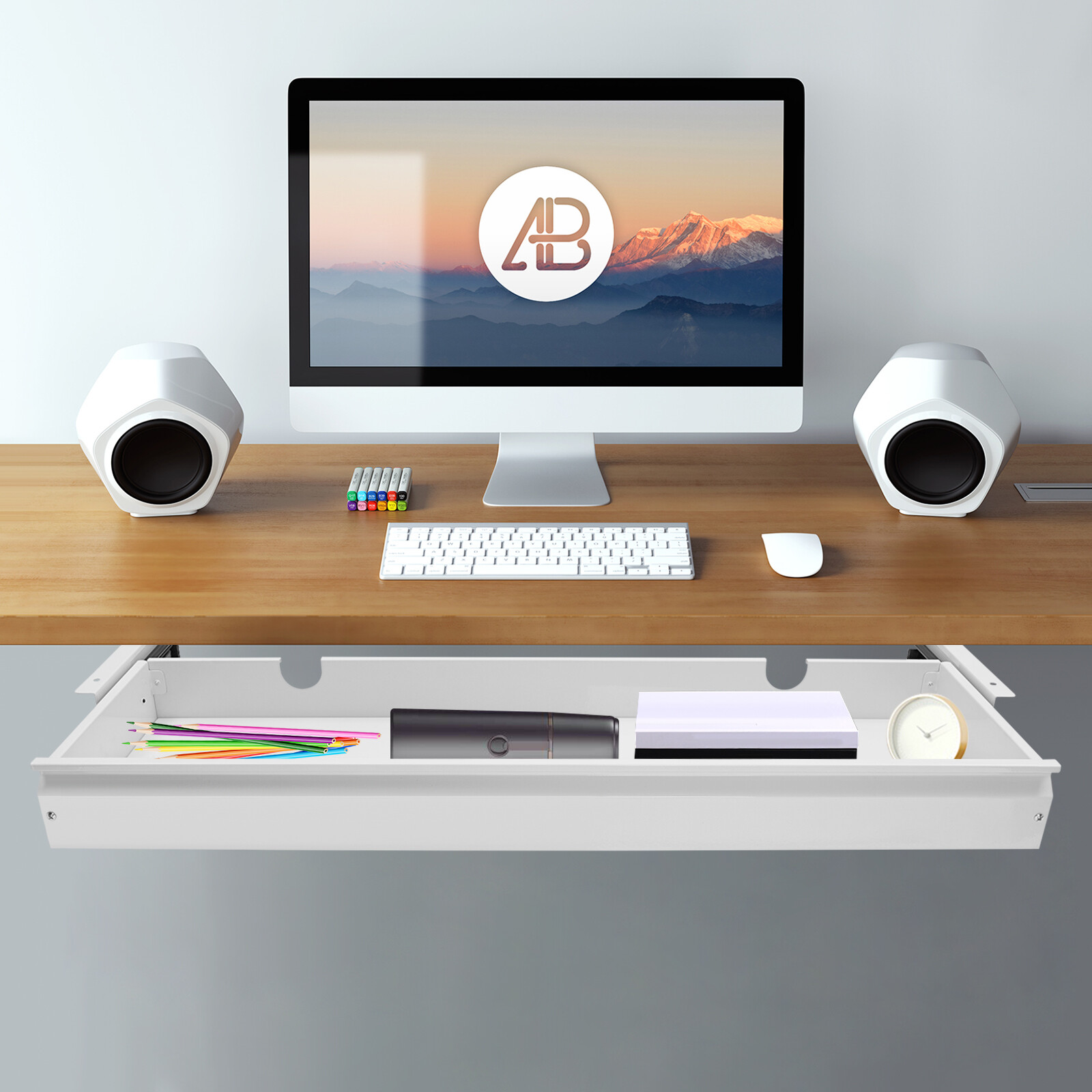 Under Desk Sliding Pull-Out Drawer White 33.3 × 9.2 In Mount For Sit-Stand Desk