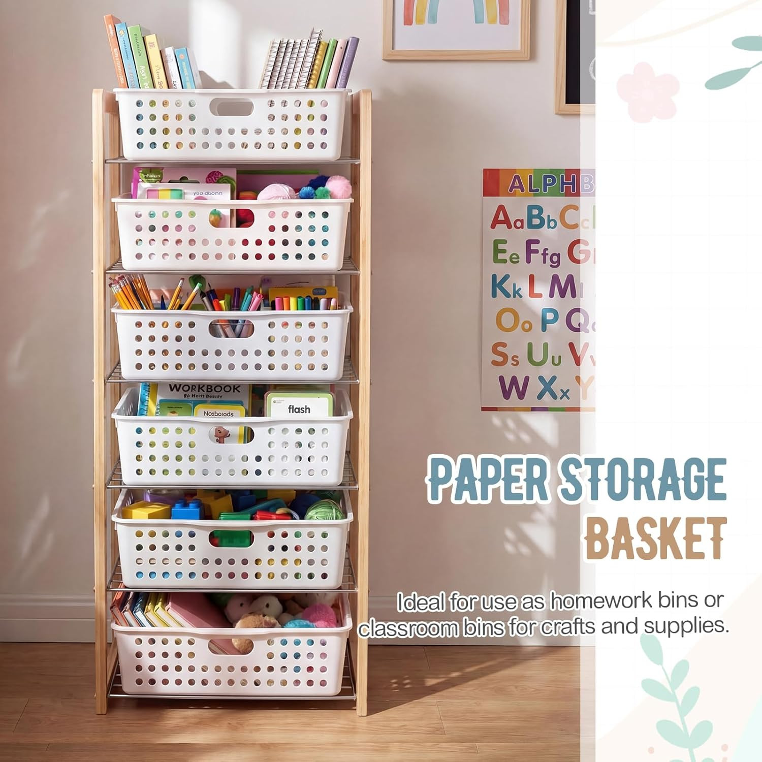 6 Pack Classroom Storage Baskets with Handle 14”X10” Paper Tray Holds A4 Turn