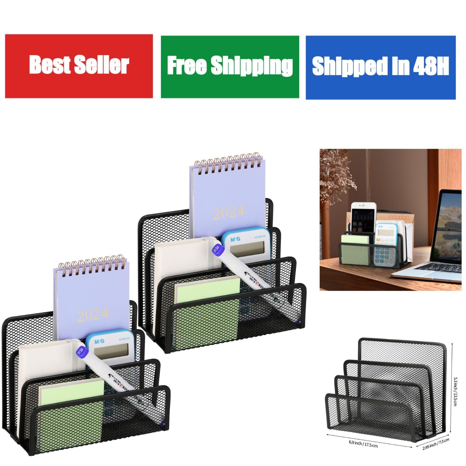 LETURE 2 Pieces Desk Mail Organizer, Metal Mesh File Holders, Black