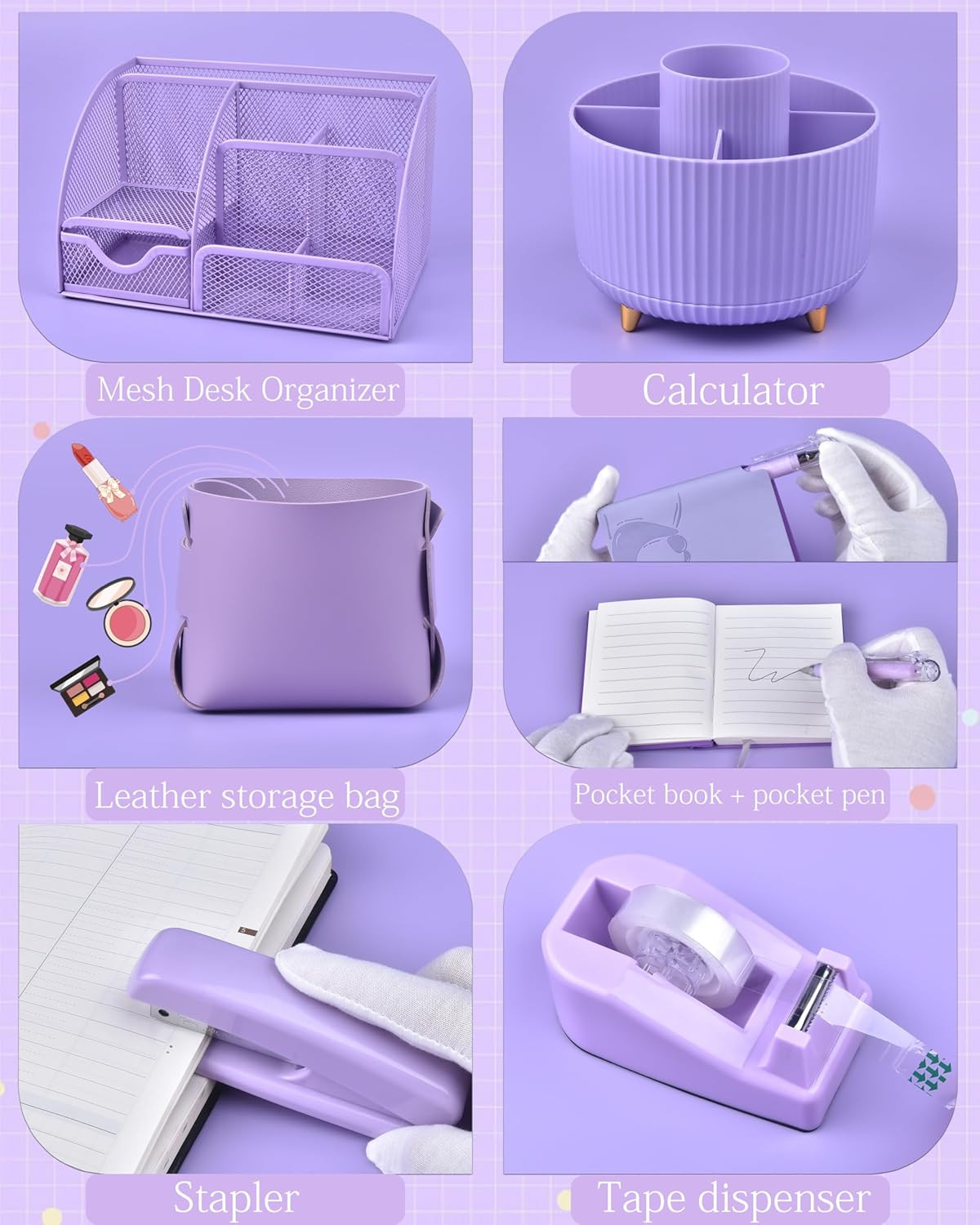 Purple Desk Accessories and Organizers with Desk Organizer and 360°Rotating Pen