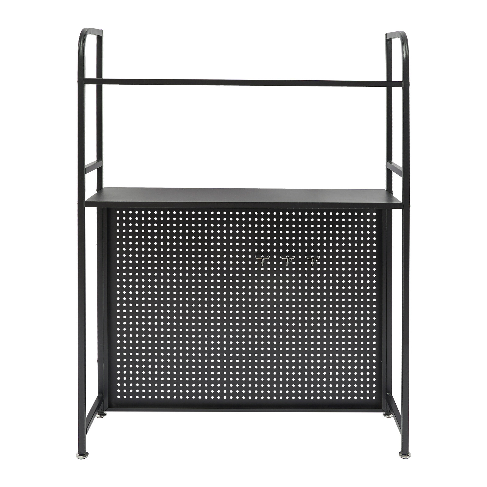 2-Tier Desktop Storage Rack with 3 Hooks, Black Carbon Steel Tabletop Shelf