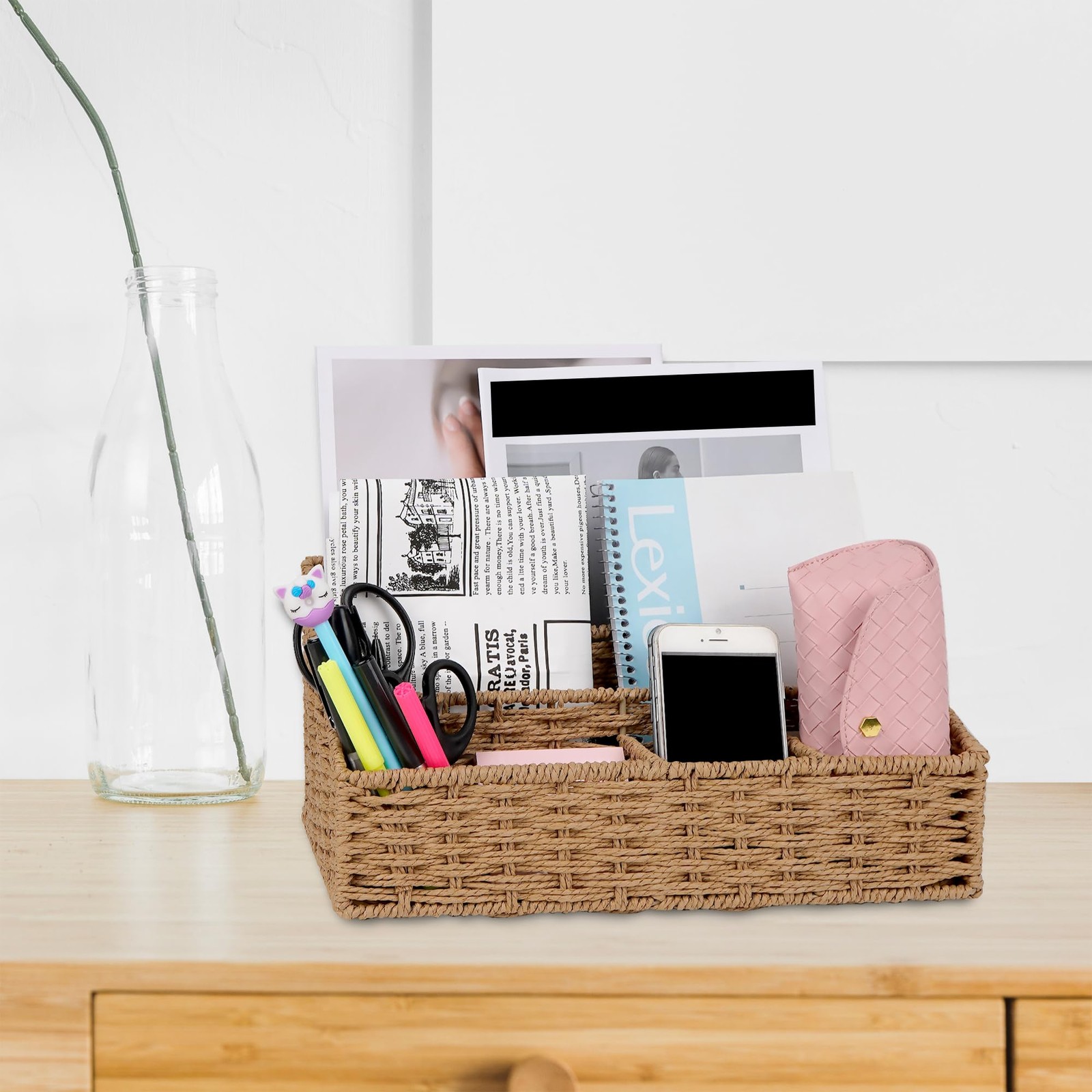Woven Desk Organizer Basket with 5 Compartments, Rustic Paper Rope Mail Holde…