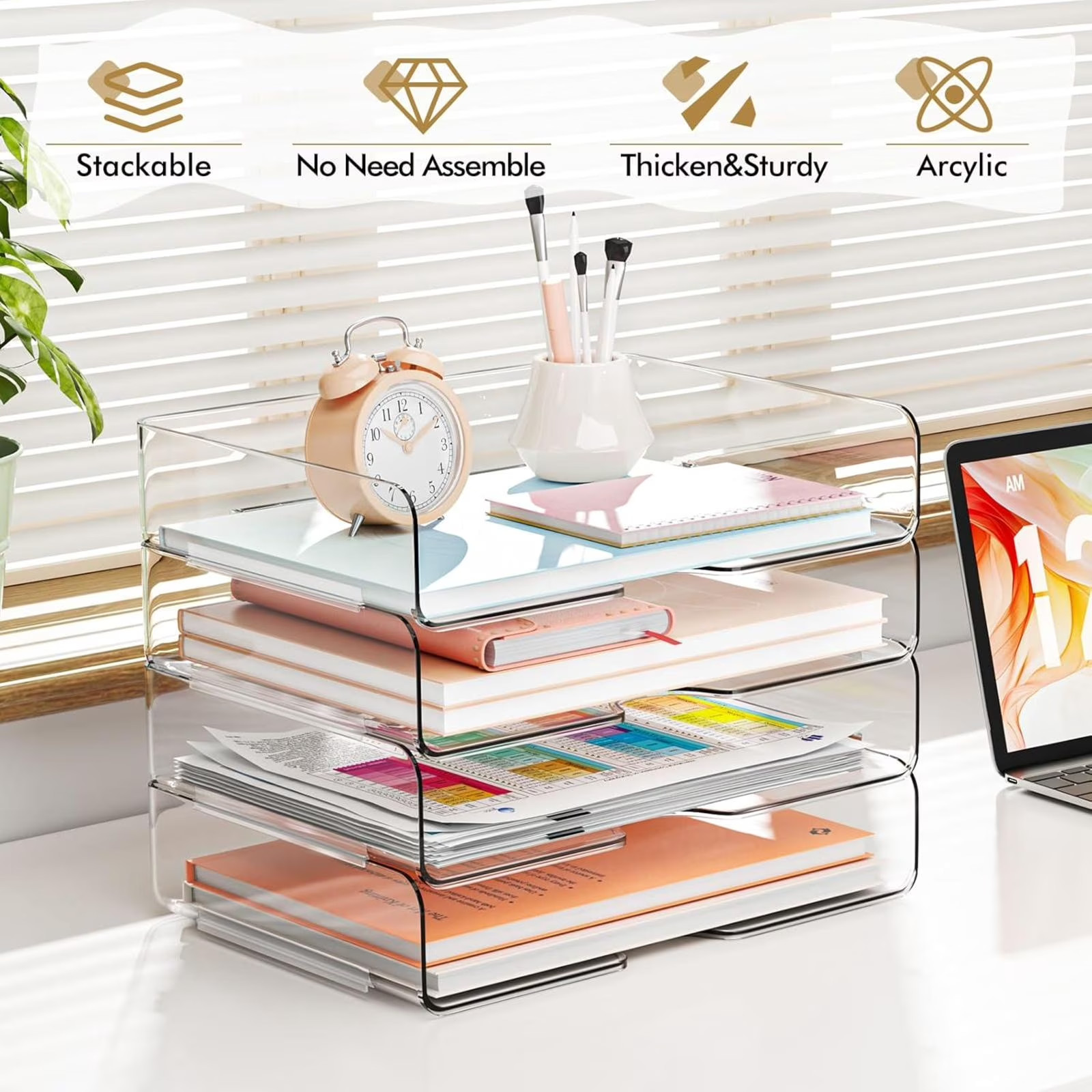 Clear 4-Tier Stackable Desk Organizer, Horizontal Paper File Tray, Desktop Docum