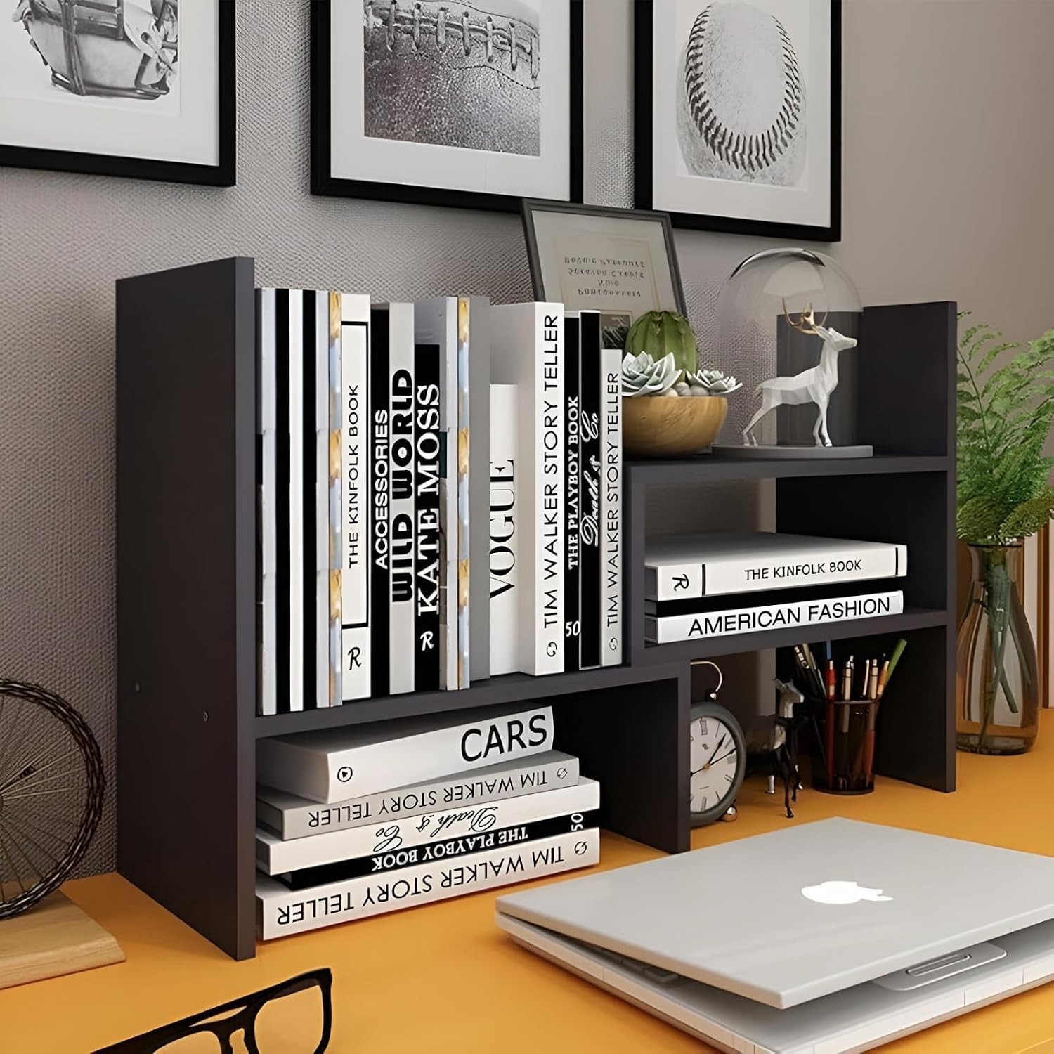Adjustable Wood Desktop Organizer Shelf Rack for Office Home Black Walnut