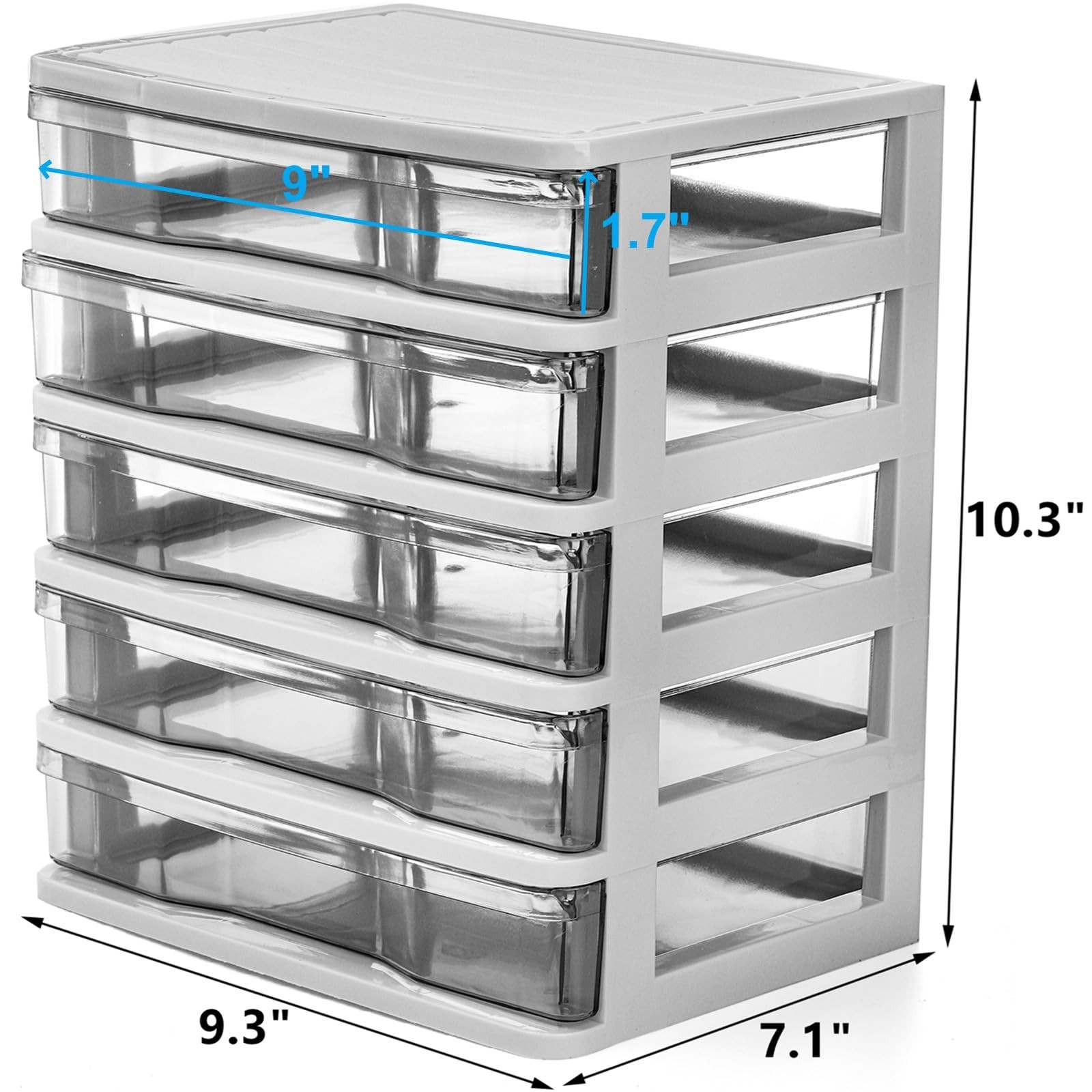 DEAYOU 5 Drawer Desktop approx. 9.3″ L x 7.1″ W x 10.3″ H, White,Clear