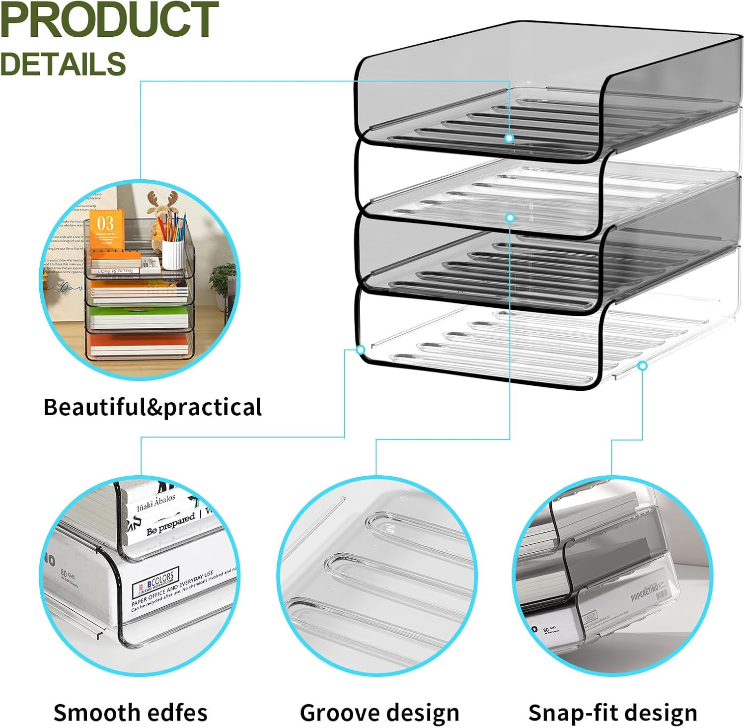 4-Tier Acrylic Paper Tray Organizer, Clear & Brown Stackable Desk Organizer for