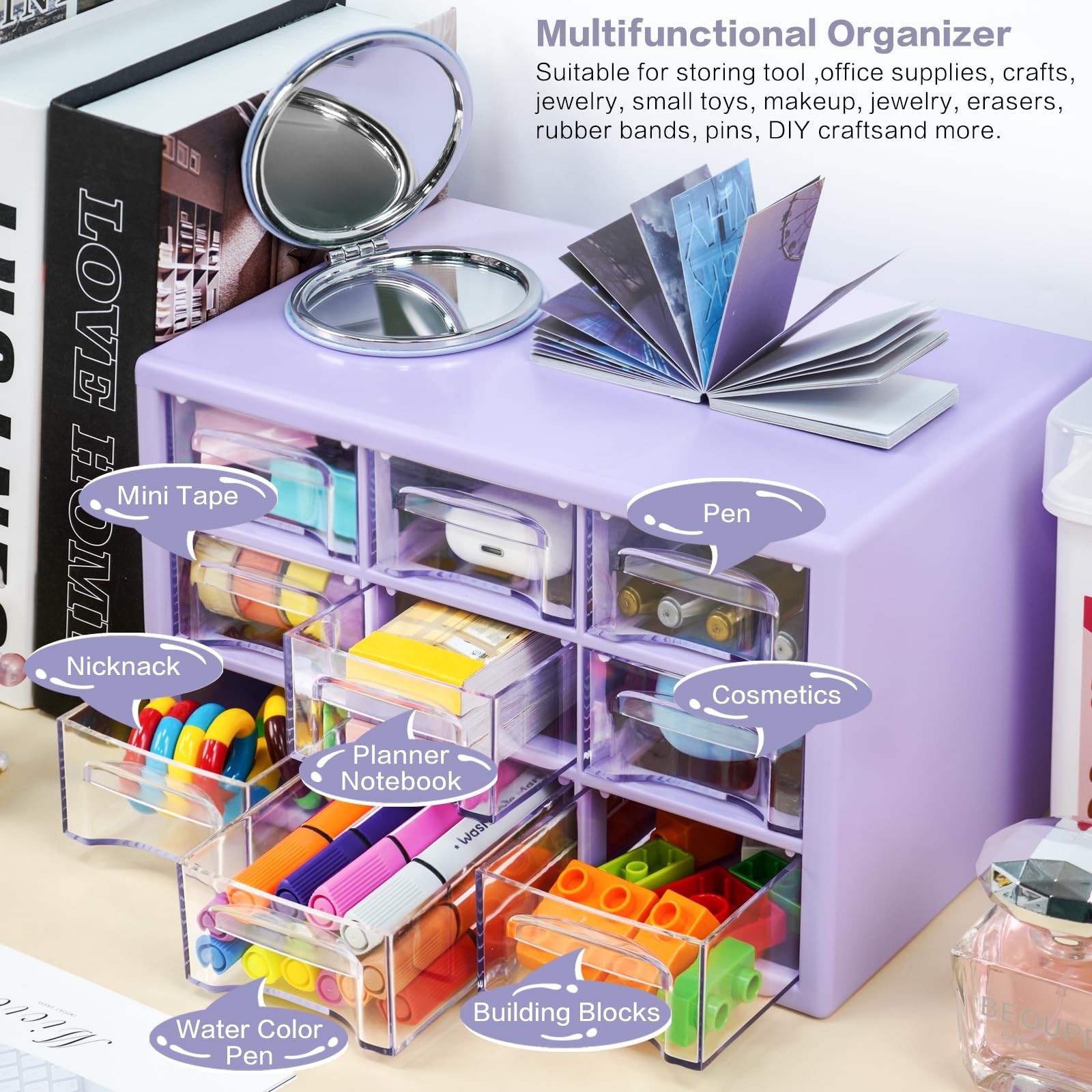 MYKASEN Desk Storage Organizer with 9 Drawers, 9.8 x 6.3 x 5.9 inches, Purple