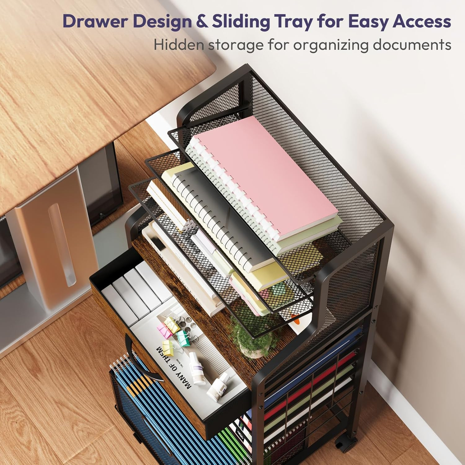 Espresso 10-Tier Rolling File Cart with Drawer & Lockable Wheels for Office Stor