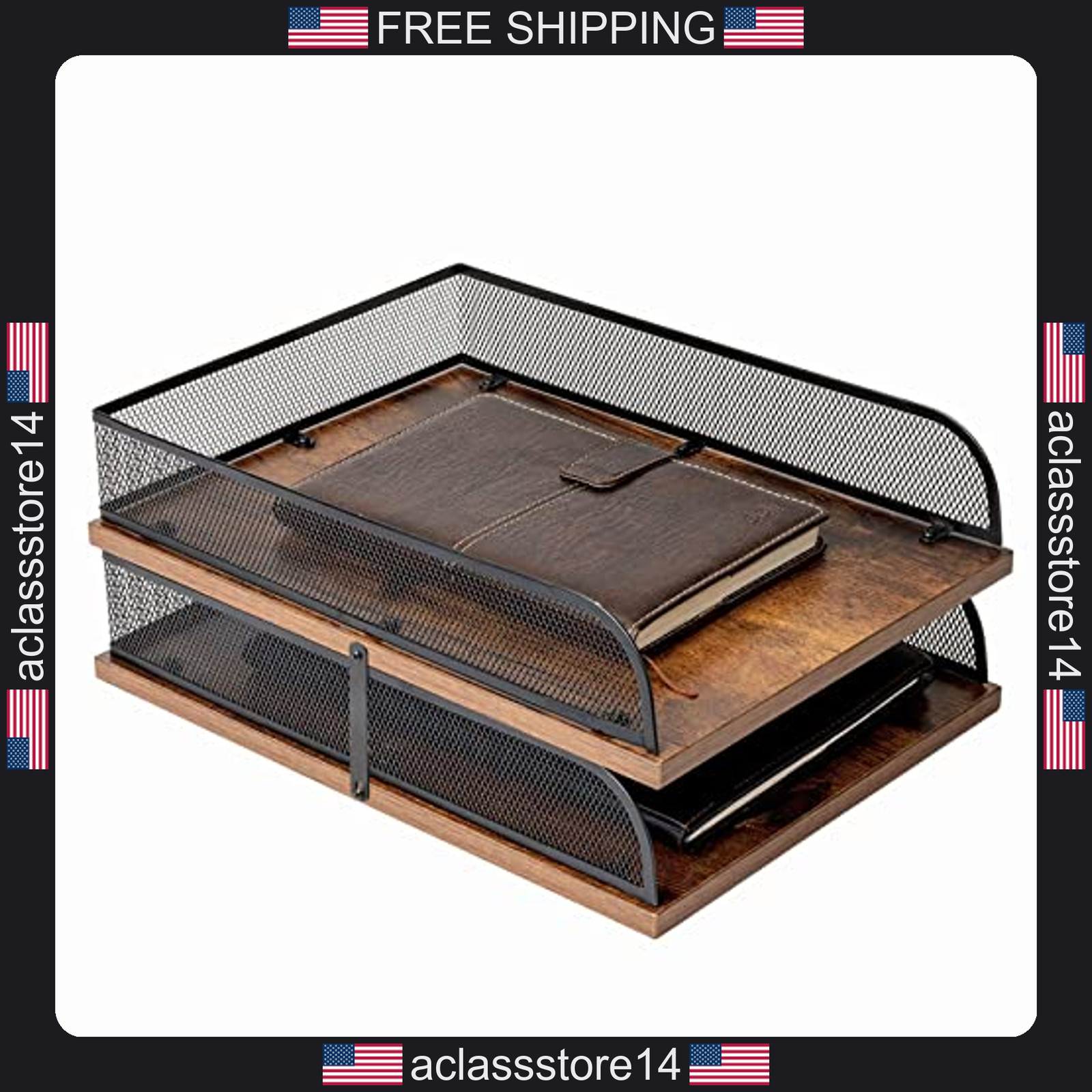 Vintage wood and metal letter tray set, desk organizer paper tray office file
