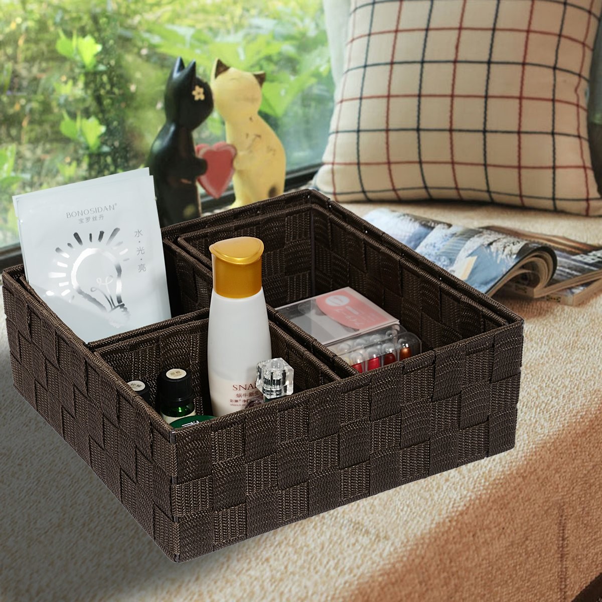 Woven Storage Baskets Set of 4, Small Cube Bin Organizers, Brown