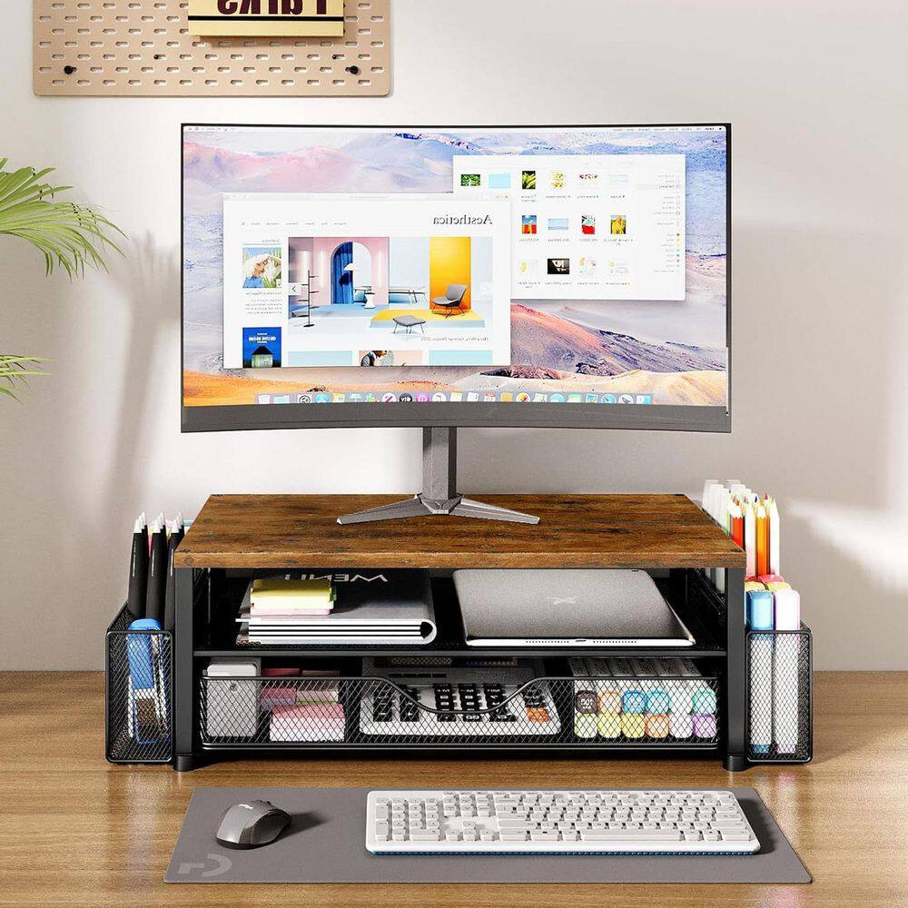 Brown 15.5 In. X 6.3 In. Metal Modern Desk Organizers with Drawer and 2 Pen Hold
