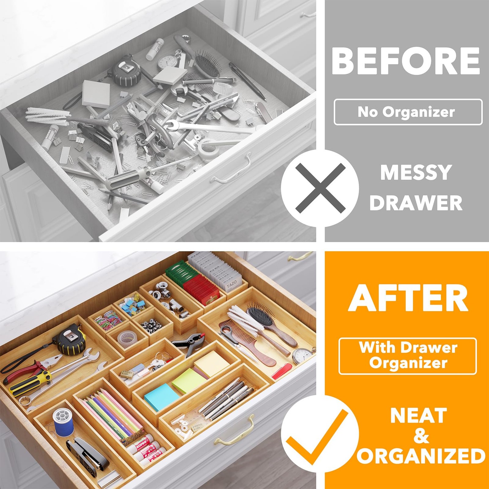 SpaceAid 14-Piece Bamboo Drawer Organizer Storage Boxes 14-Piece, Natural