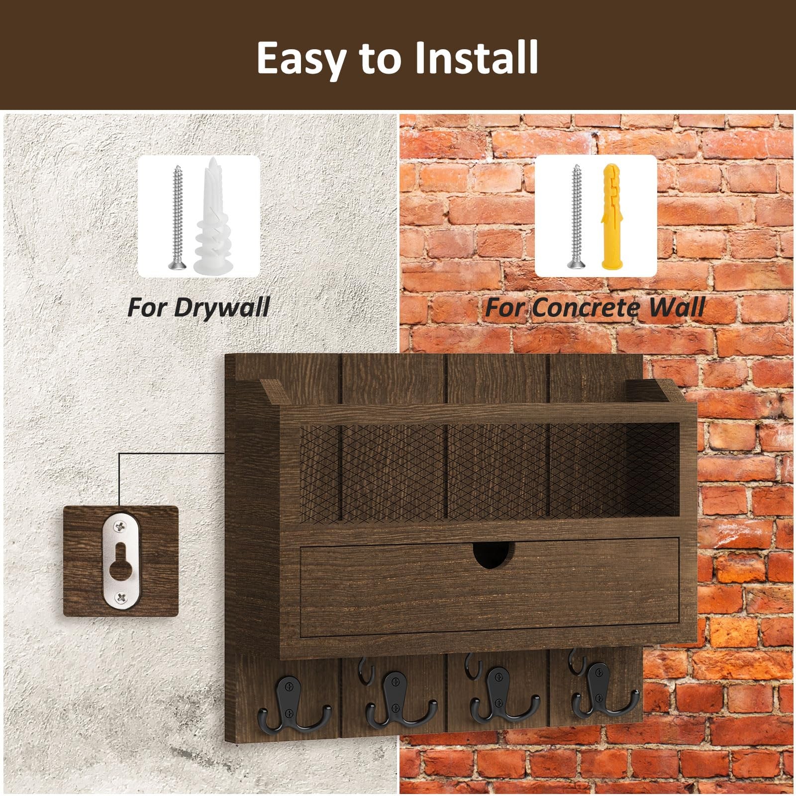 Organizer with Drawer for Wall 12″W x 10″H x 3.1″D Sorter Wall Mounted Wooden…