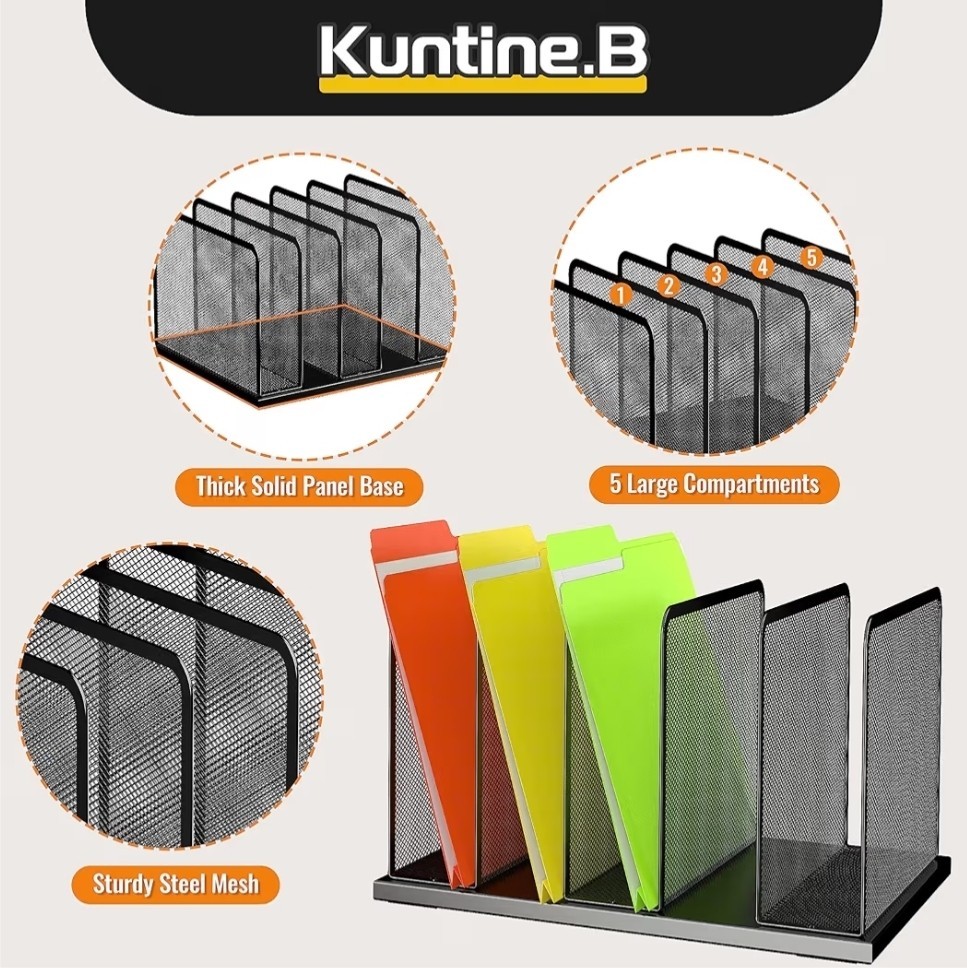 Kuntine.B 2 Pack Black Mesh Desk File Organizer 5 Section Office File Holder New