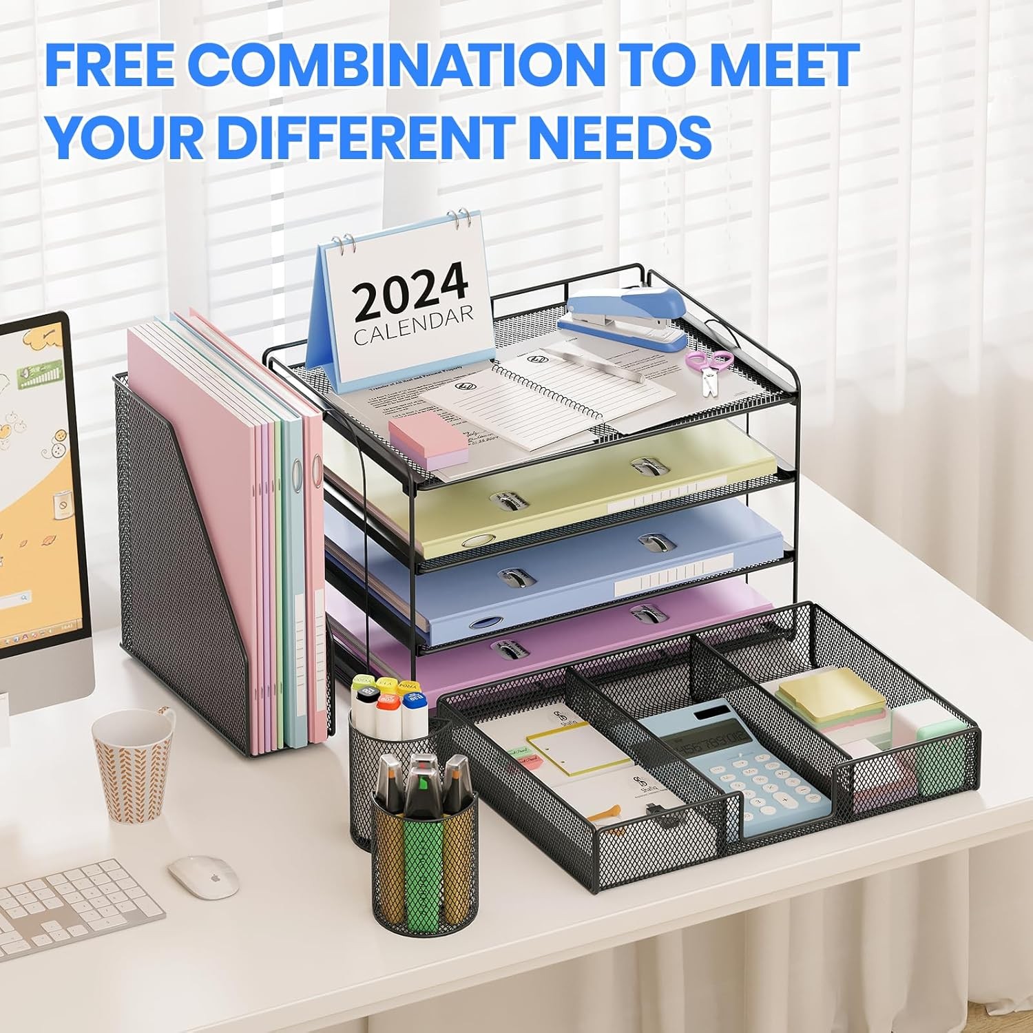 4-Tier Desk Organizer with Drawer & Pen Holders – Office Supplies (Black)