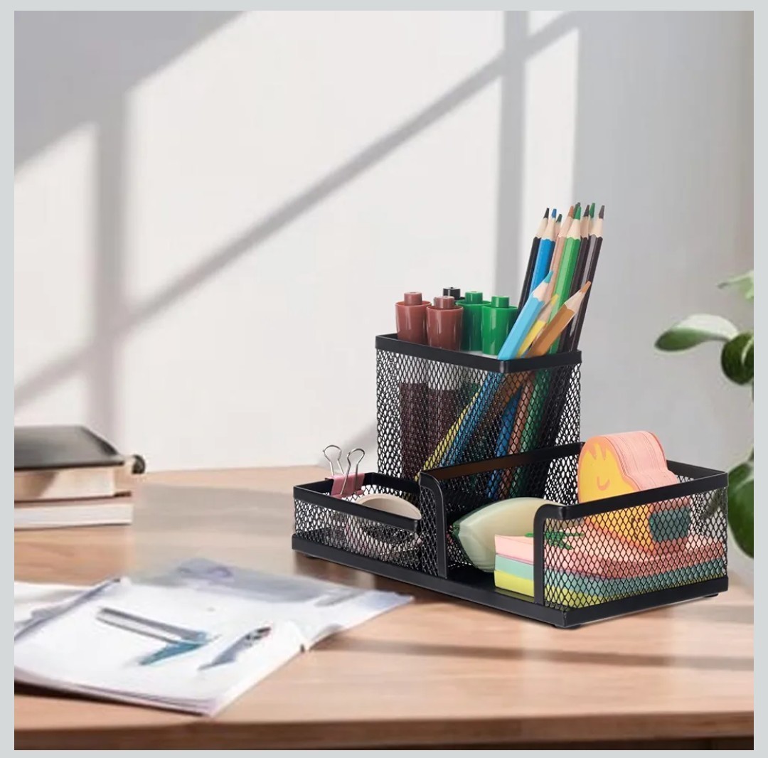 Black Mesh Metal Desktop Organizer, 3-Compartment Desk Pen/Pencil Holder