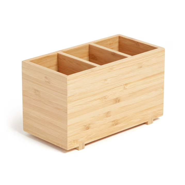 U Brands Zen Bamboo Desktop Organizer 3 Compartment Wood Pen Pencil Holder Tray