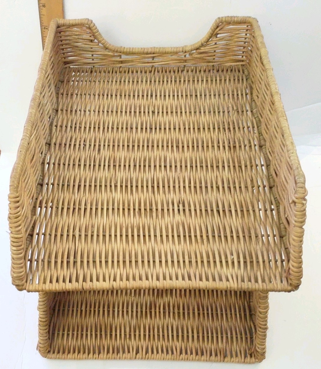 Wicker 2 Tier Double Letter Tray Rattan Desk Paper Organizer Brown Office