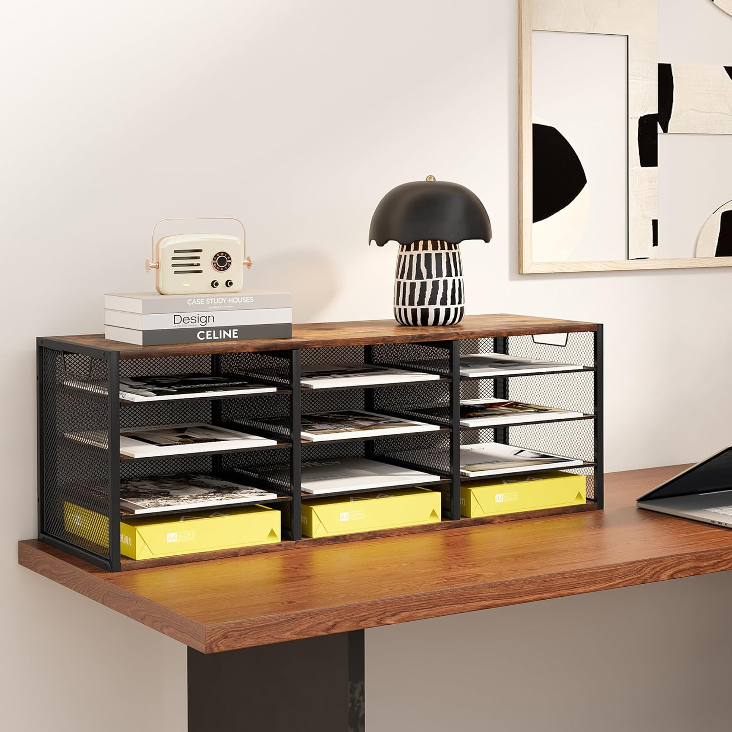 Stylish 12-Compartment Metal & Wood Desktop Organizer for Office & Classroom
