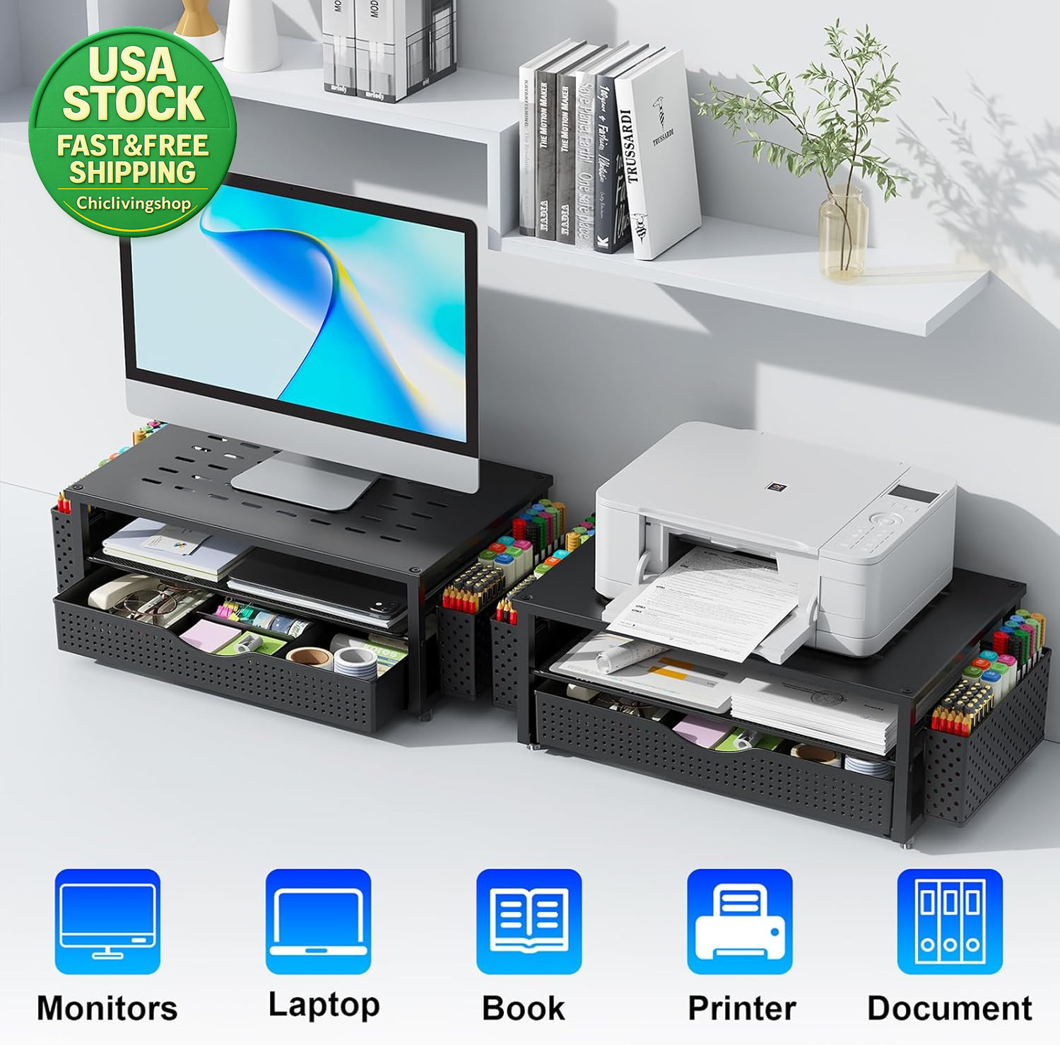Desk Organizer Monitor Stand with Drawer and 2 Pen Holders Black