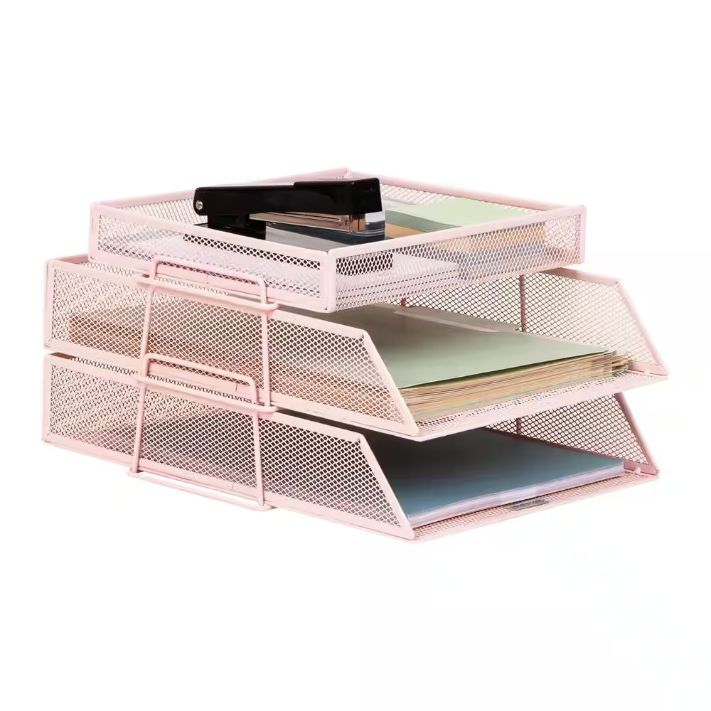 2 Tier Paper Tray with Top Supply Compartment, Desktop File Organizer, Metal Mes