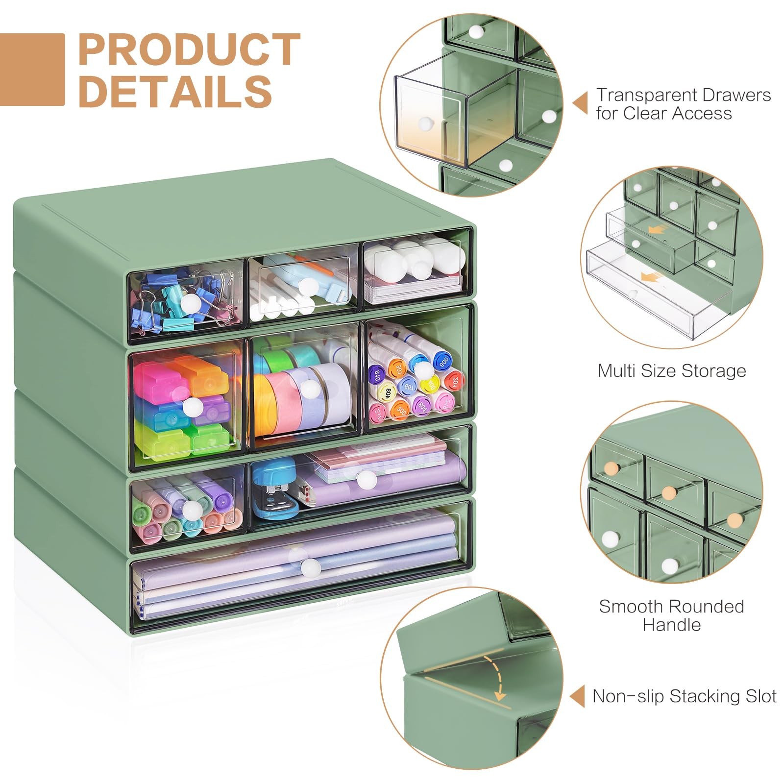 FODIENS 9Drawer Stackable Desk Organizer, Clear Storage Box, Green