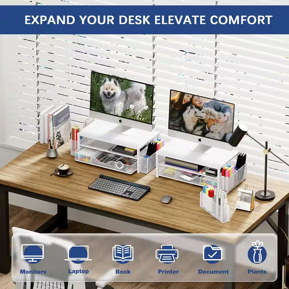 White 15.5 In. X 6.3 In. Metal Modern Desk Organizers with Drawer and 2 Pen Hold