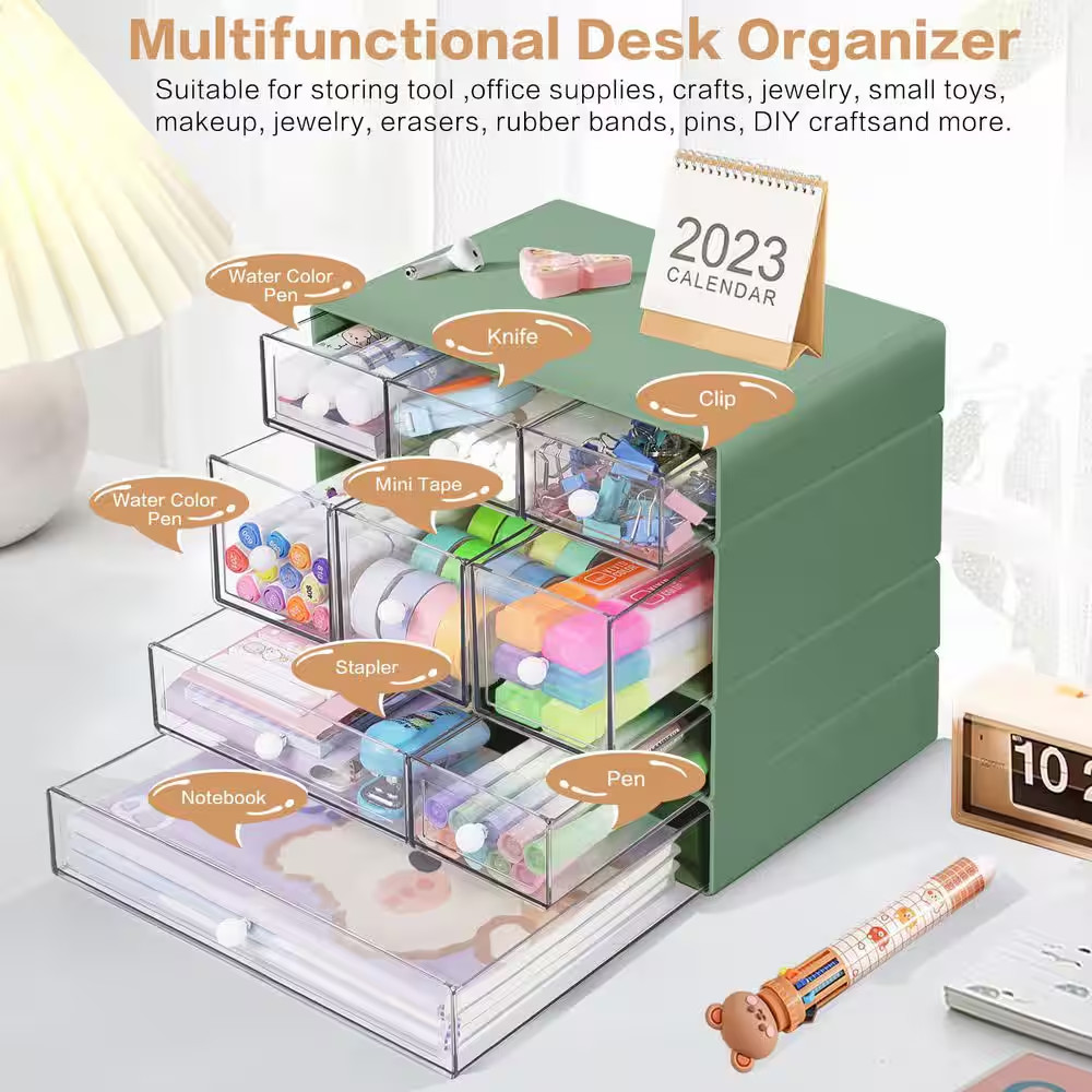 1 Pack 4-Tier Green Clear Drawer Stackable Desk Organizer Minimalist Design Offi