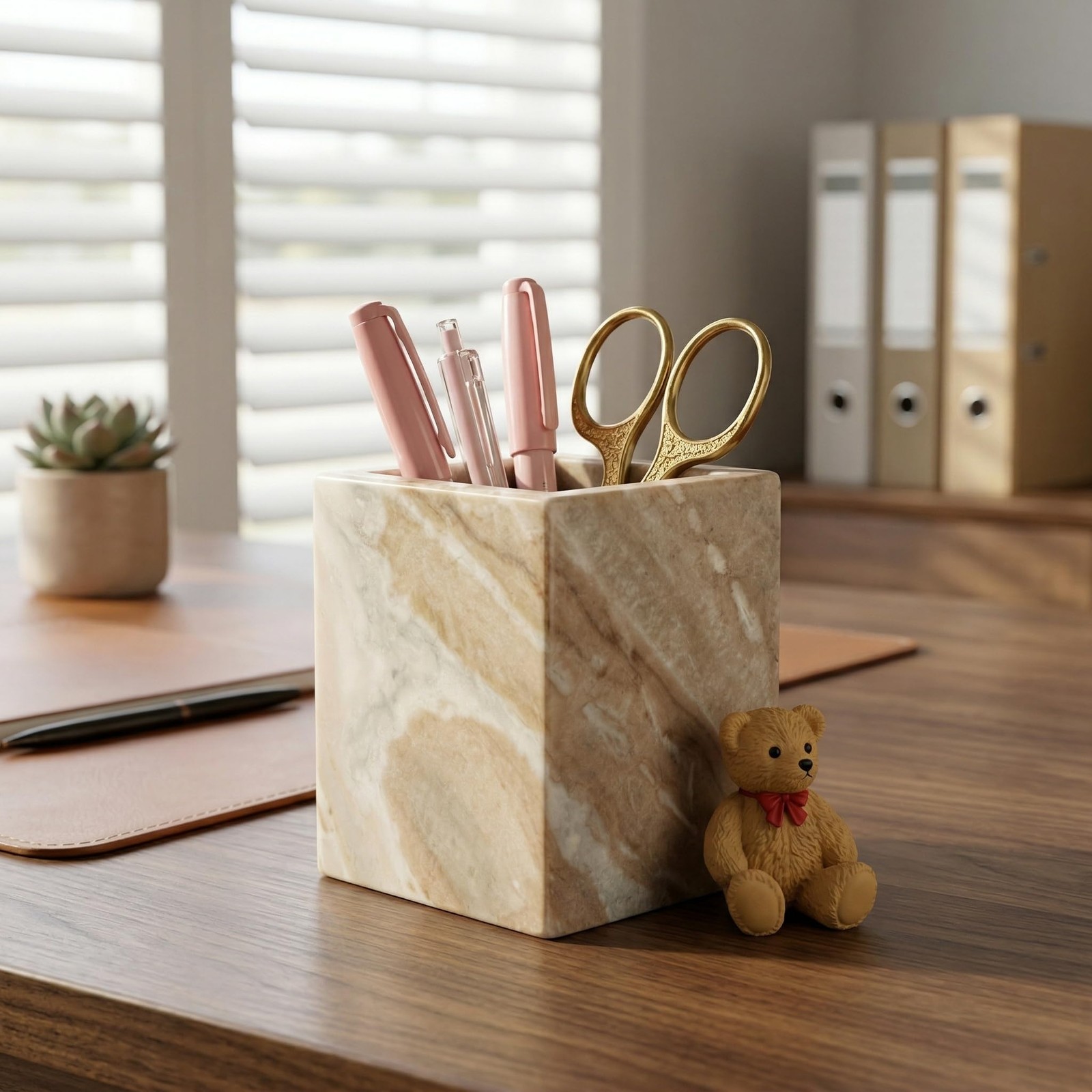 Natural Marble Pen Holder, 2.95” x 3.74” Square Desk Organizer, Marble Toothb…