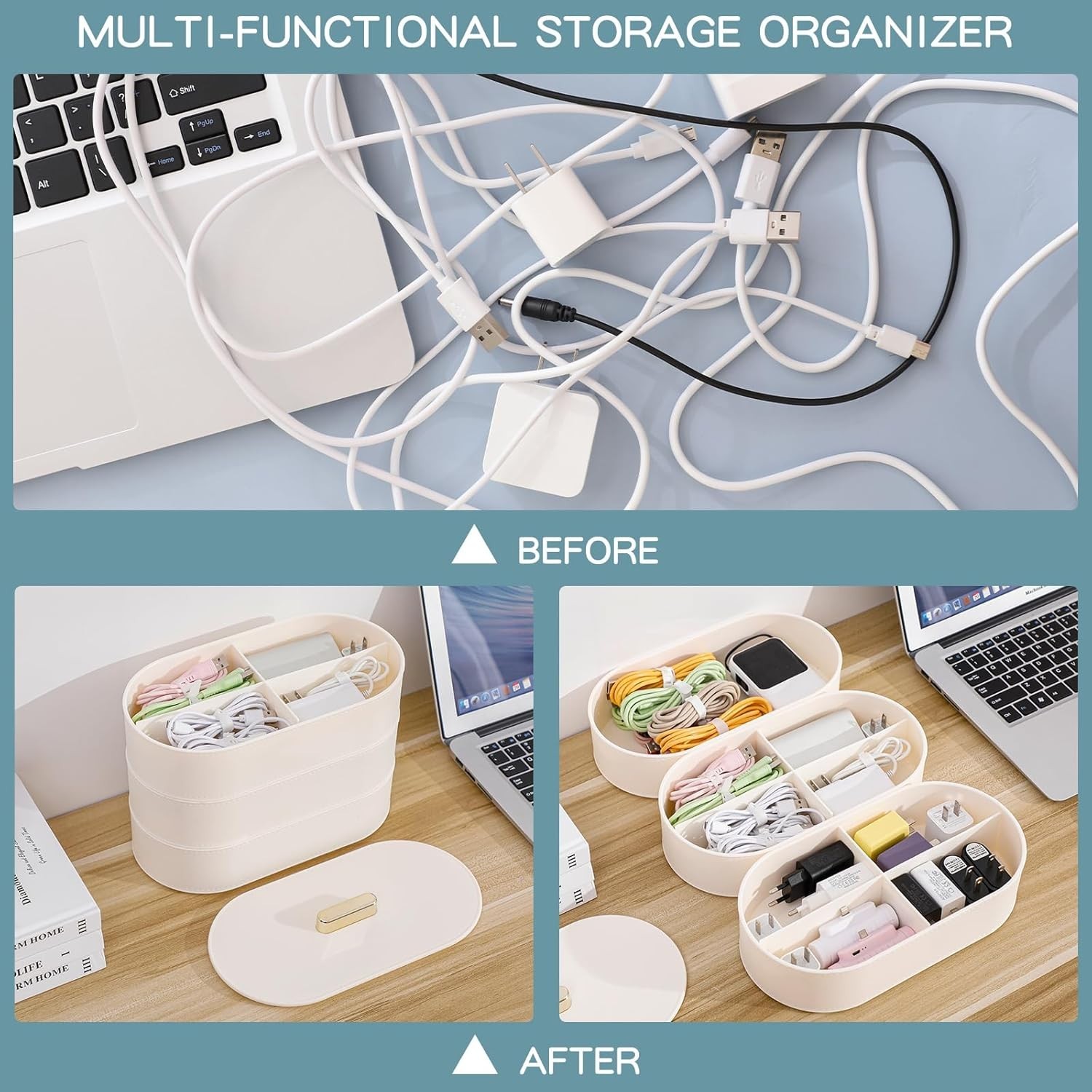 Large Cord Organizer Box with Lid Plastic Cable Storage Case with 20pcs Wire NEW