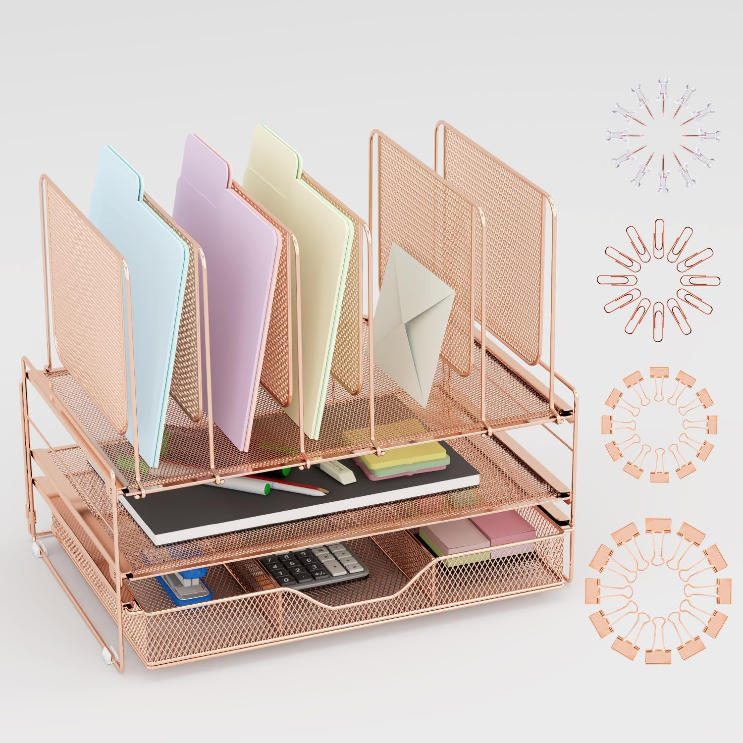 Rose Gold Desk Organizer, Office Organization with Vertical File Holder, File Or