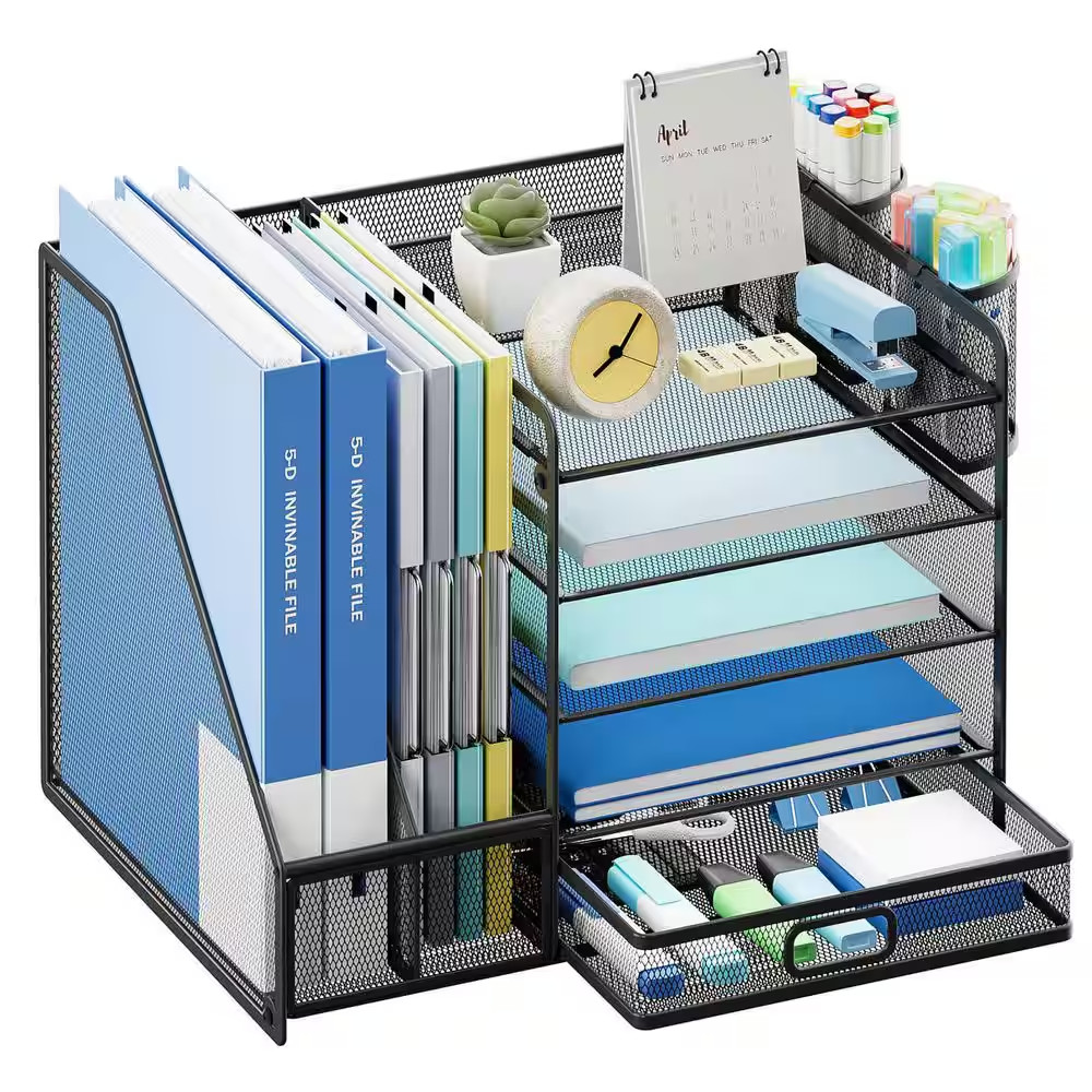 Black 13.77 In. X 11.02 In. Metal Desk Organizer with Sliding Drawer and 2 Pen H