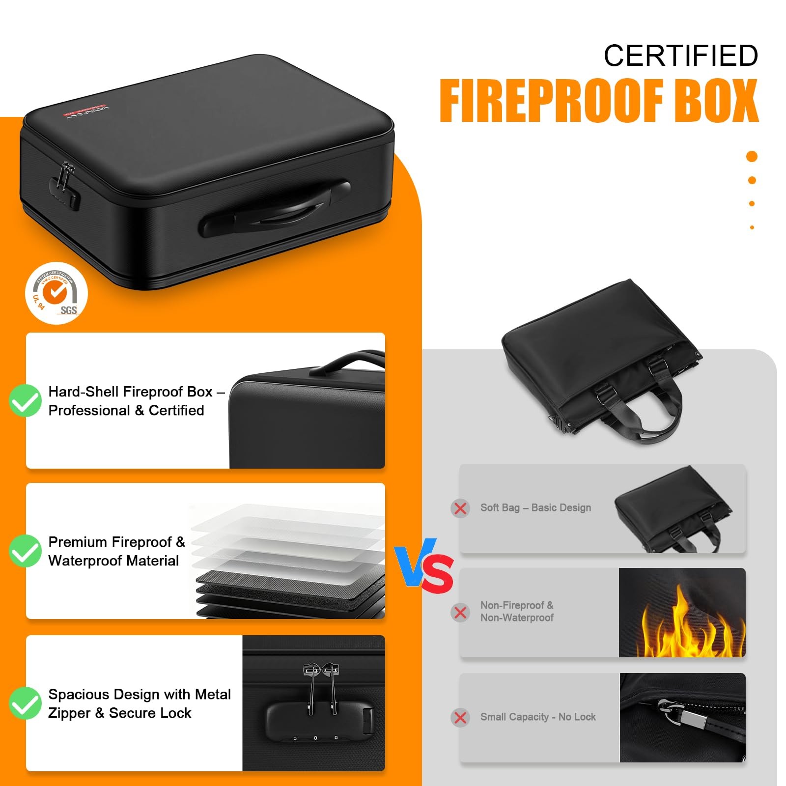 Fireproof Document Box with Lock – 5200°F Fire 898.2 cubic inches, Black