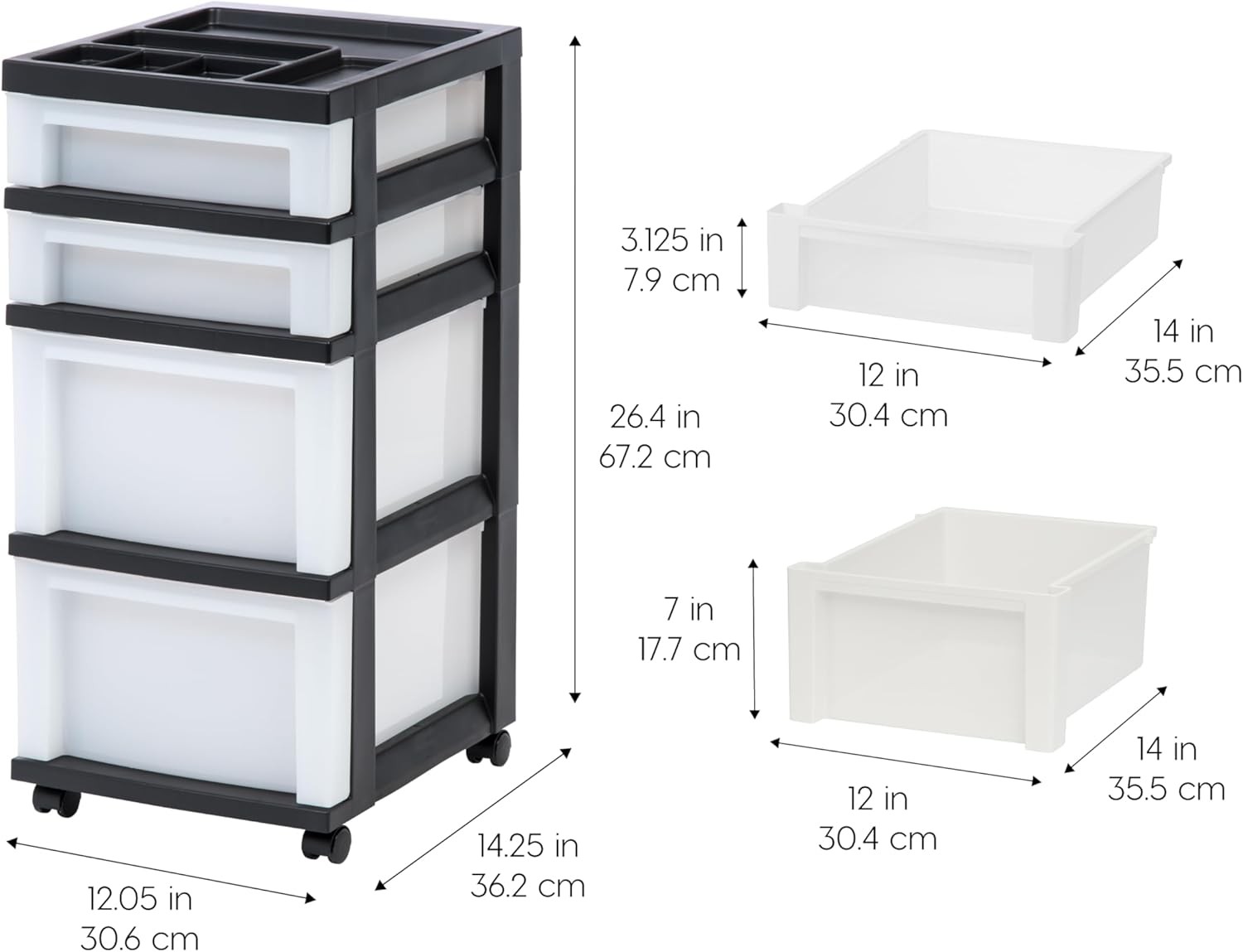 USA Plastic Drawer Storage Organizer Rolling Cart, with Wheels Casters