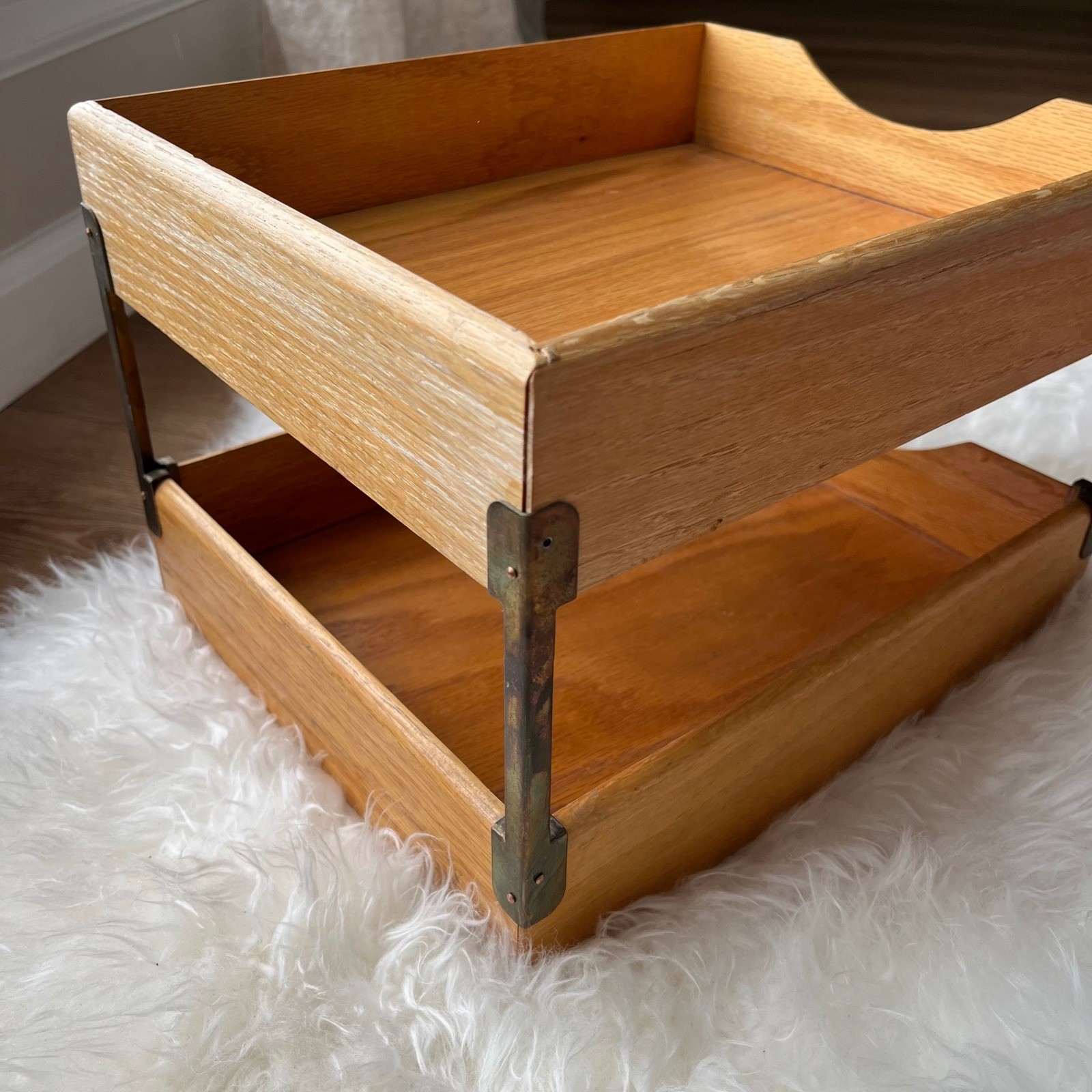 Vintage 2-Tiered Stacking Wood Desk In/Out Box