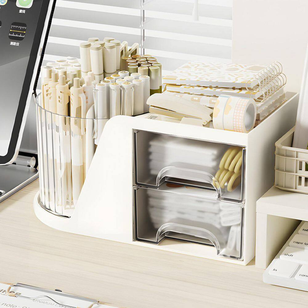Rotating Desktop Pen Holder 360 Degree 5 Slot Organizer with 2 Drawer Storage fo