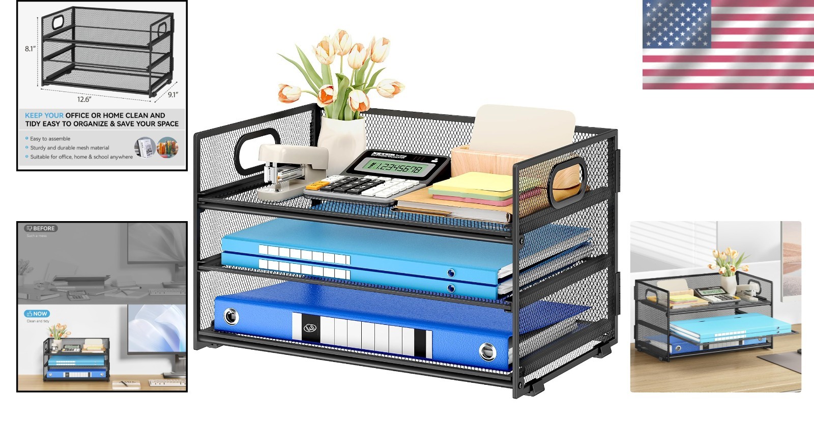3-Tier Black Metal Mesh Desk Organizer – Elegant Storage Solution, 12.6”x9.1”