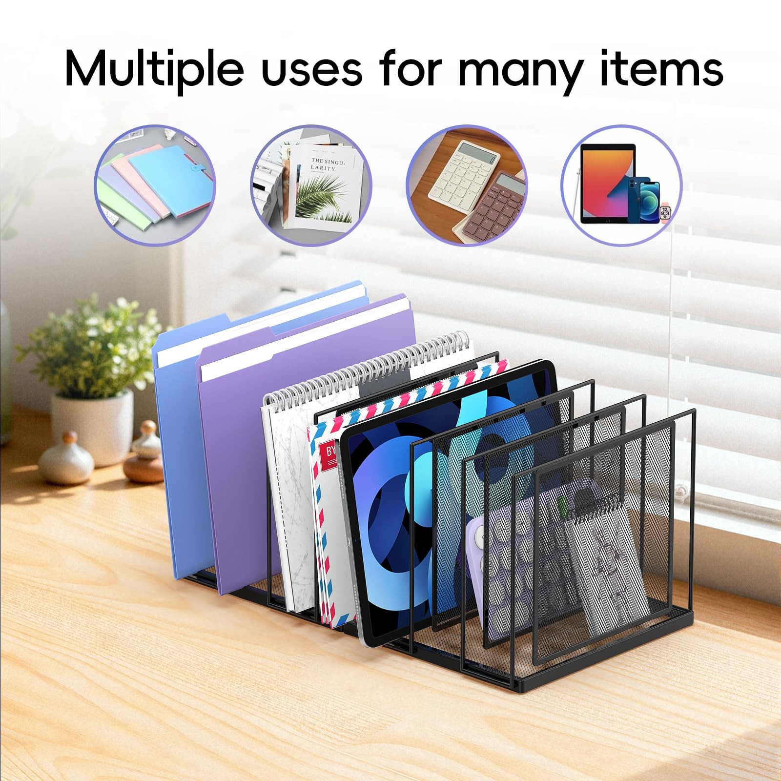 Black 7Section Vertical Desk File Organizer Standing Metal Sorter Paper