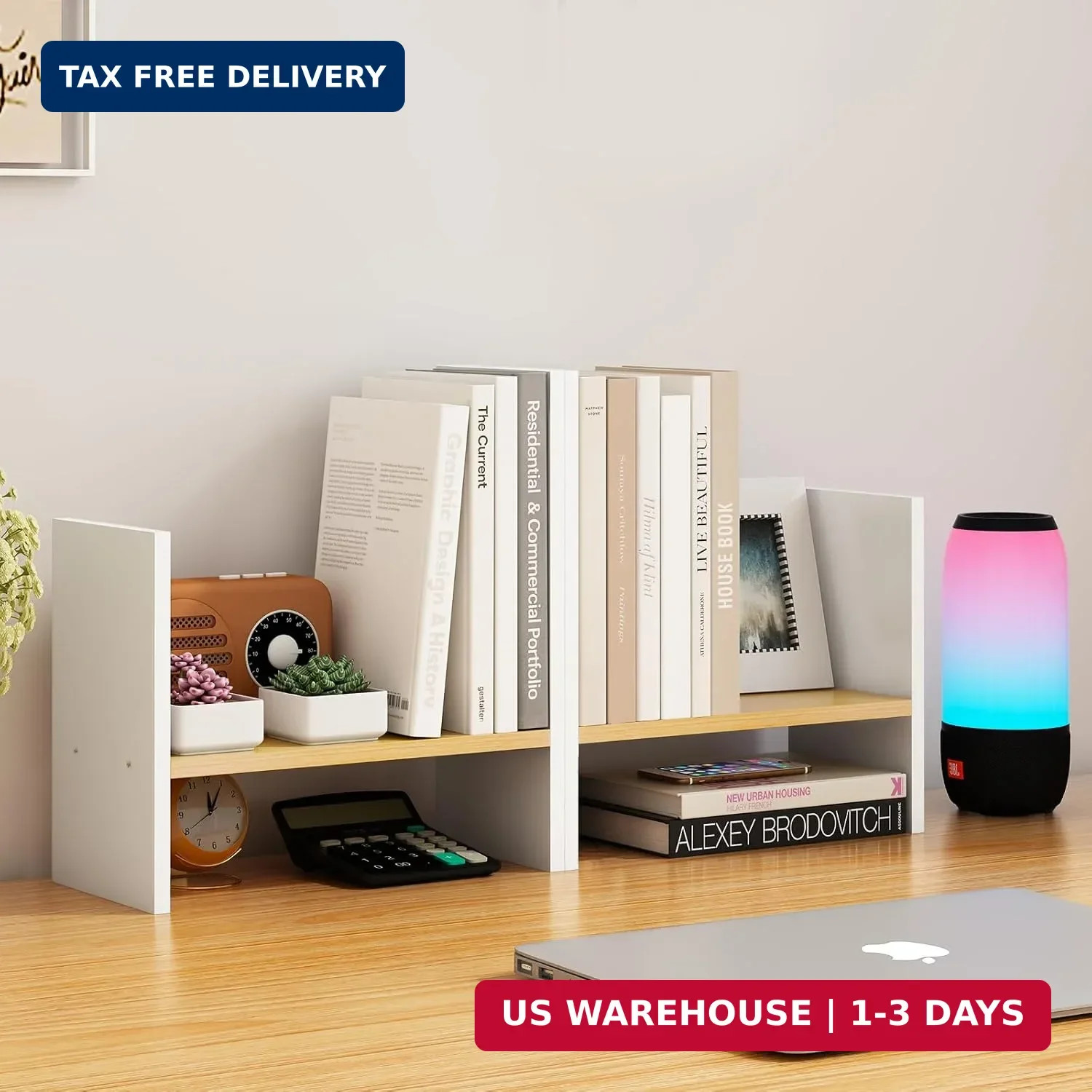 White Desk Organizers and Storage Small Desktop Bookshelf Length Expandable Desk