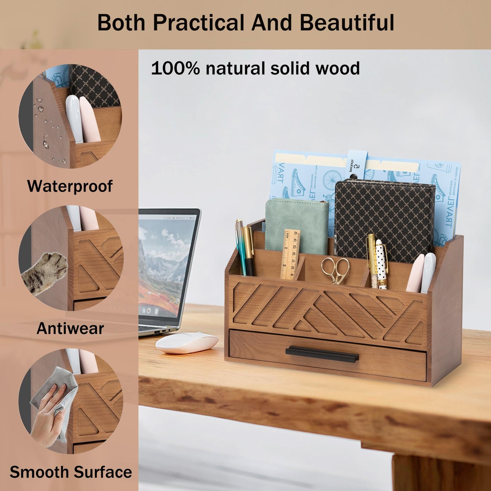 dreampossible Brown Wood Desk Organizer and Accessories with Drawer, A
